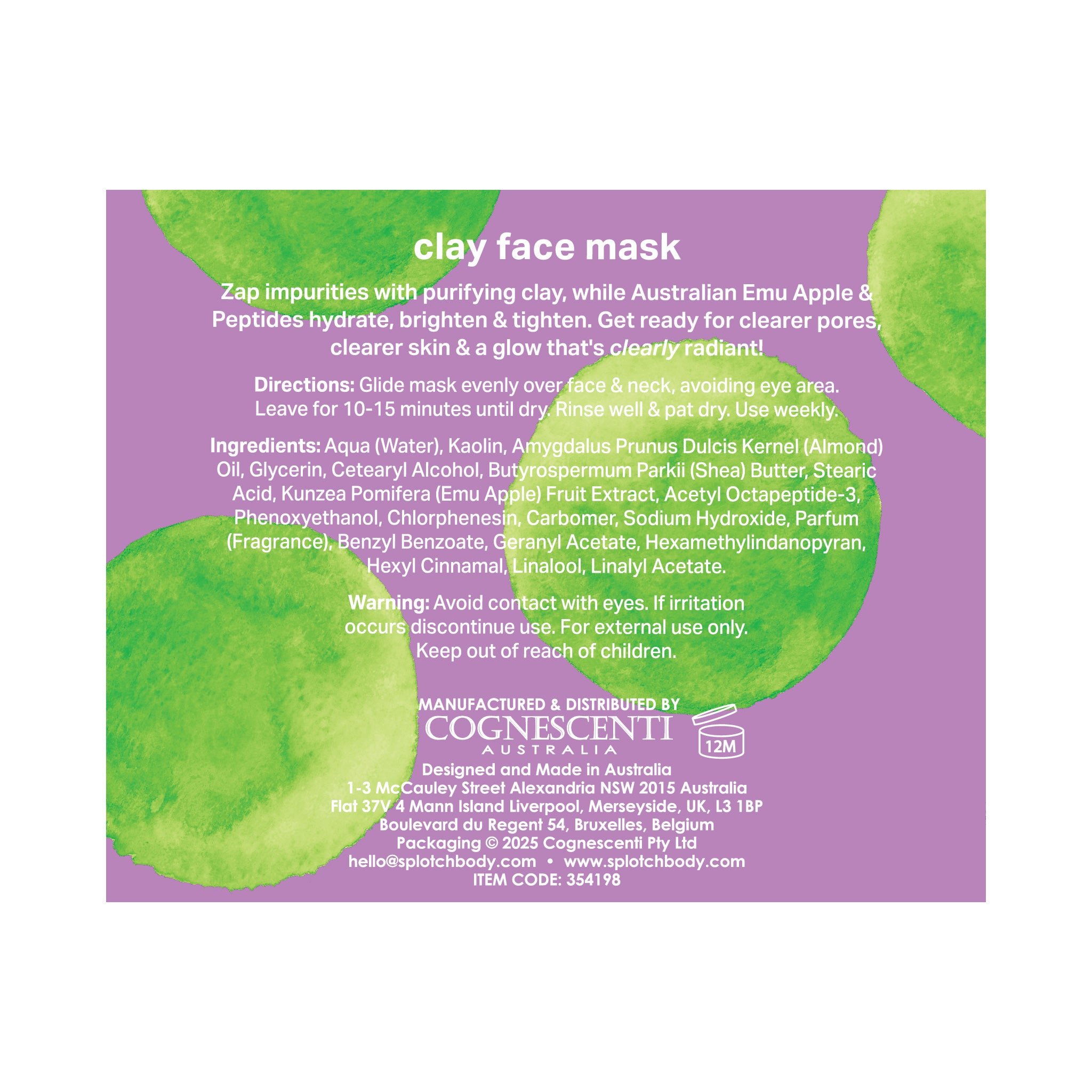 Back label of a clay face mask product. Text describes its benefits (zap impurities, purify, hydrate, tighten, brighten), directions for use (apply, leave 10-15 mins, rinse), ingredients (including Kaolin, Australian Emu Apple & Peptides), and warnings. The background is white with large, blurry green watercolor shapes.