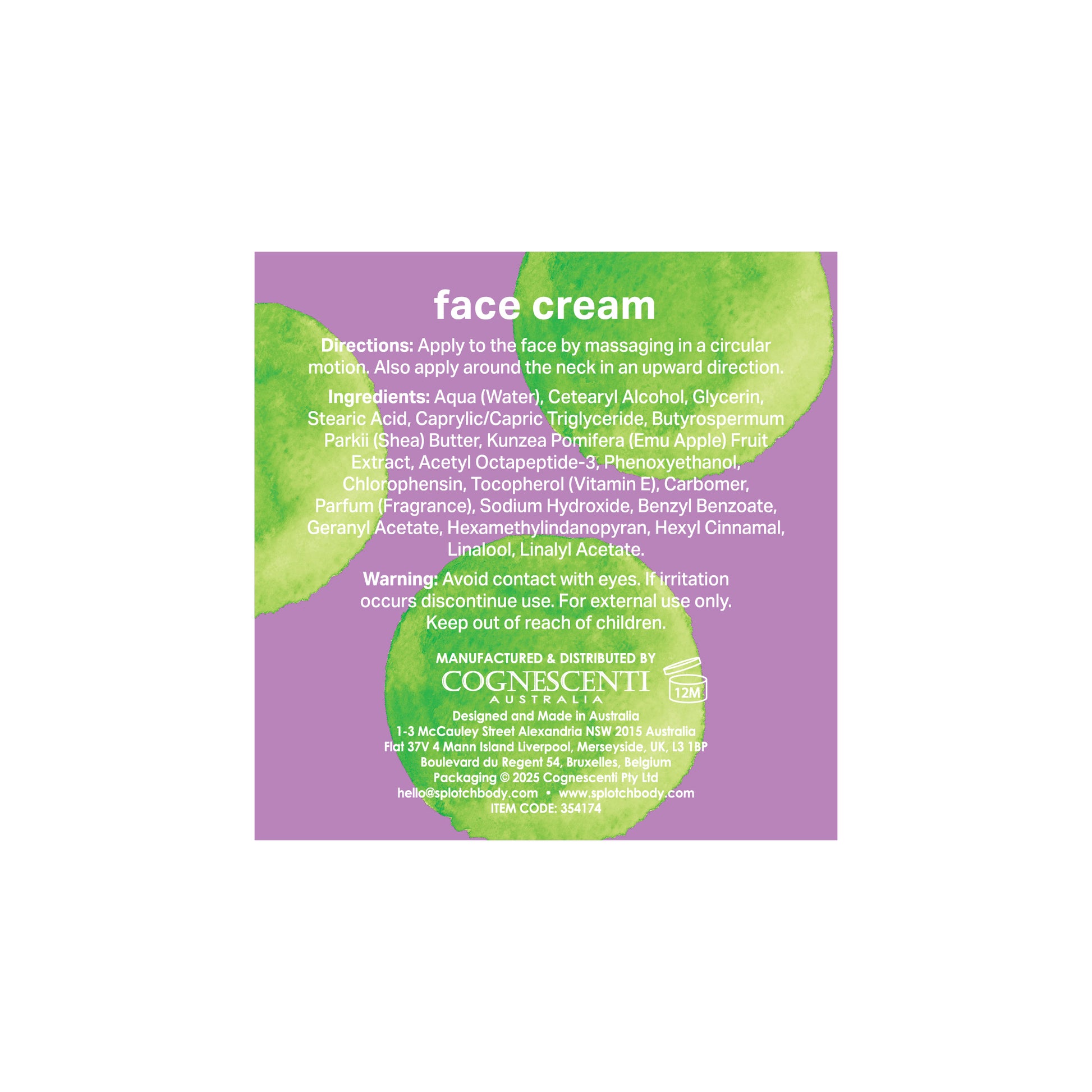 The complete Sploth Body collection, featuring the Coconut & Hyaluronic line and the Emu Apple & Peptides line (face cream, face serum, lip balm), all featuring bright, watercolor-splotched packaging and made in Australia.