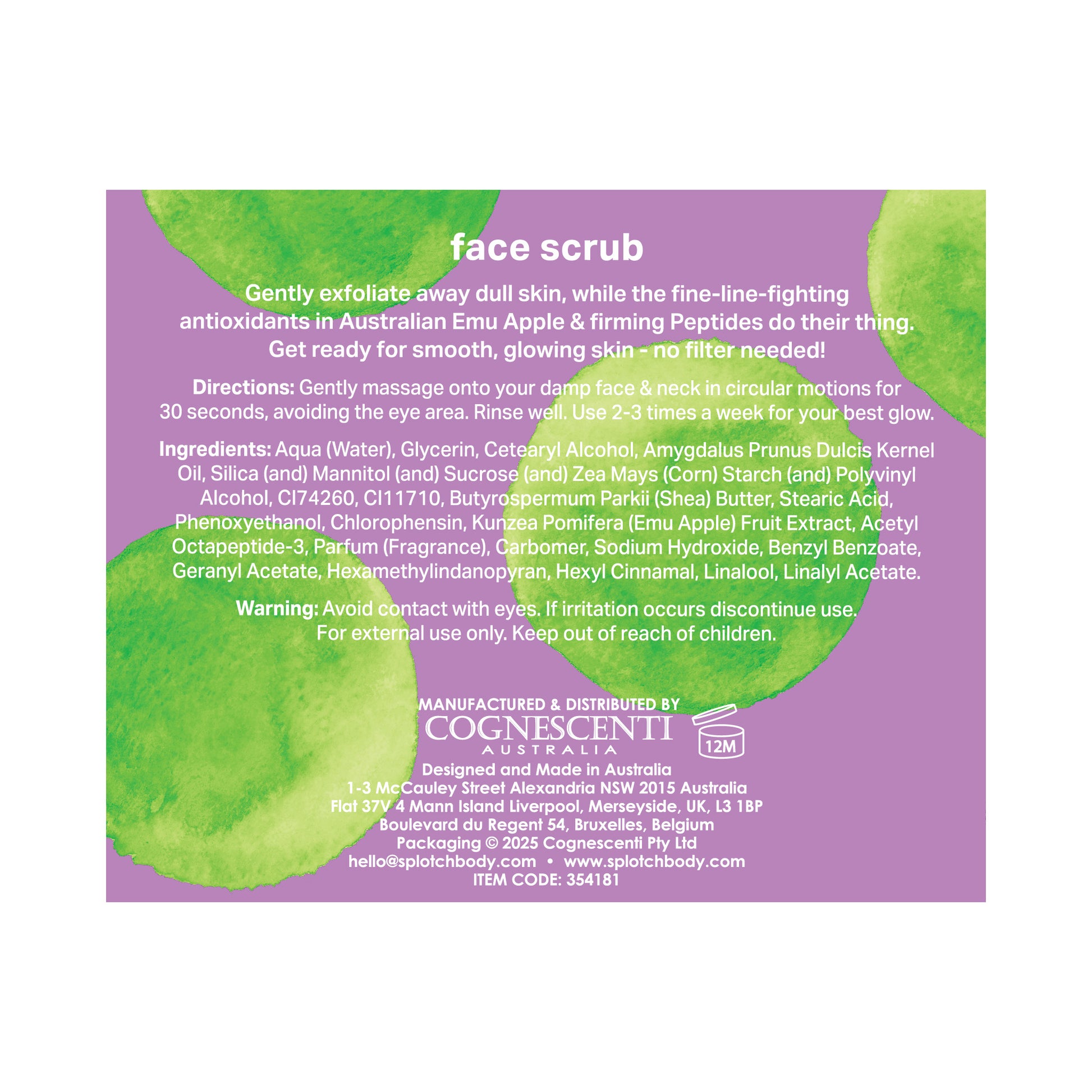 Back label of a face scrub product. Text describes its benefits (exfoliation, glowing skin), directions for use, ingredients (including Australian Emu Apple & firming Peptides), and warnings. The background is white with large, blurry purple and green watercolor shapes.