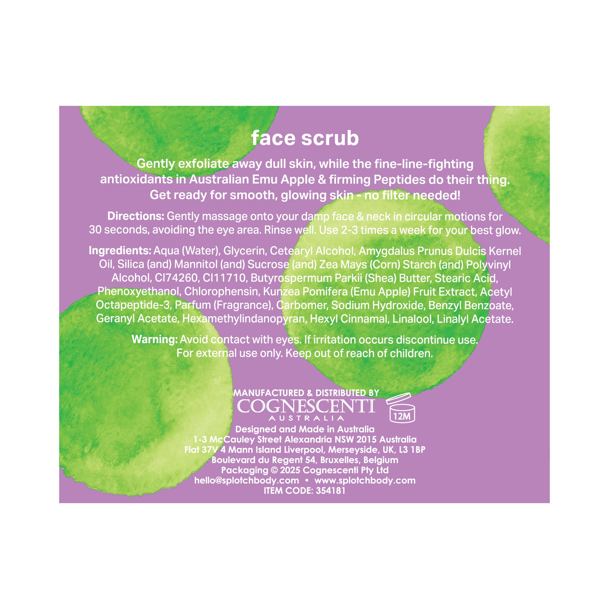 Back label of a face scrub product. Text describes its benefits (exfoliation, glowing skin), directions for use, ingredients (including Australian Emu Apple & firming Peptides), and warnings. The background is white with large, blurry purple and green watercolor shapes.
