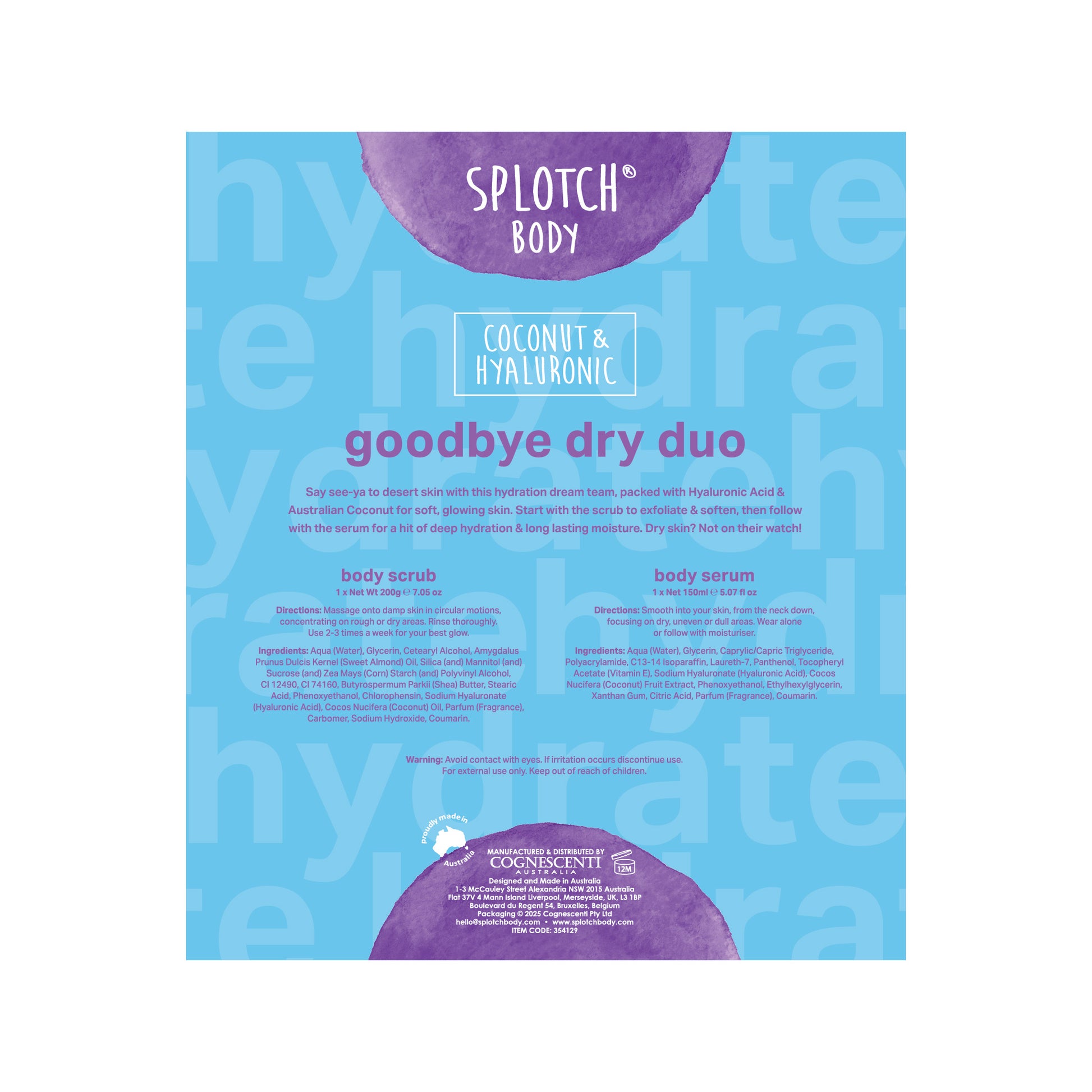 A blue promotional box containing a "Smooth Moves" body scrub and a "Thirst Trap" body serum, marketed as a "hydration hero" for dry skin.