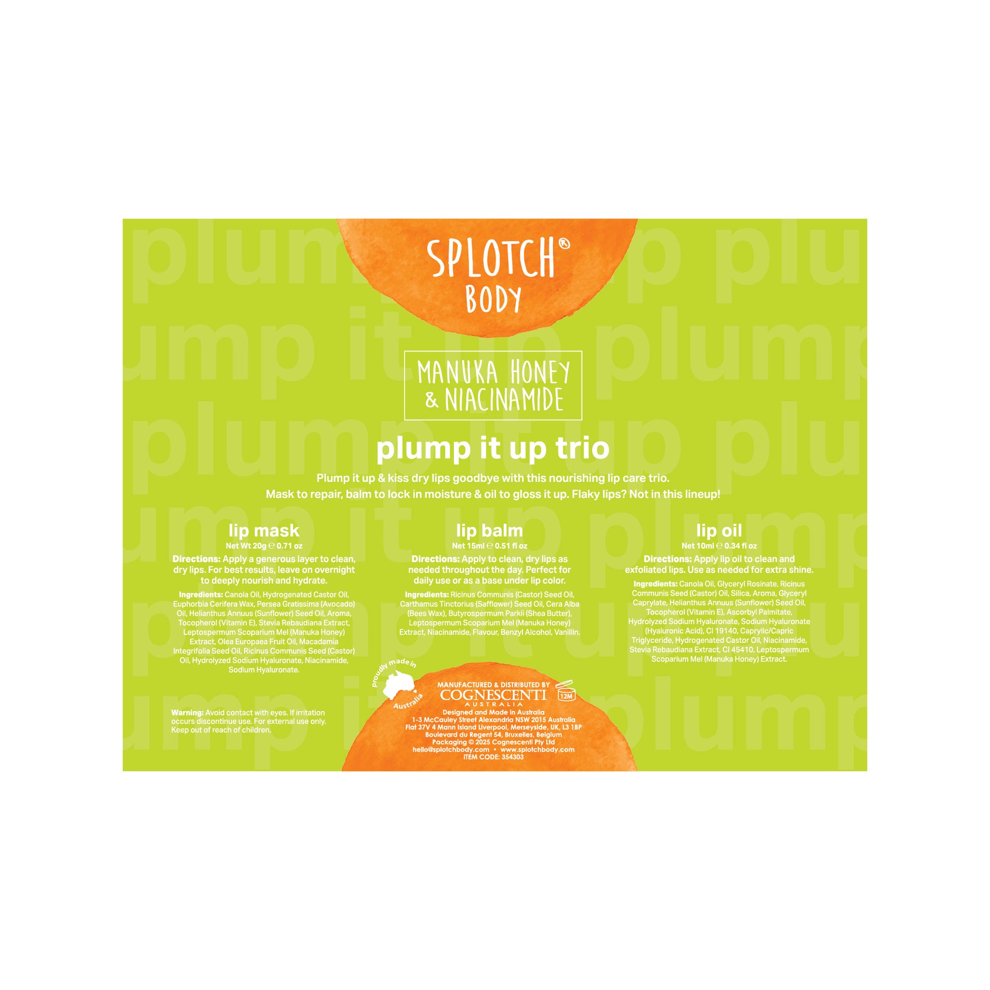A bright green label for the "plump it up trio" nourishing lip care kit. It contains directions and ingredient lists for a lip mask (repair), lip balm (lock in moisture), and lip oil (glossy finish).