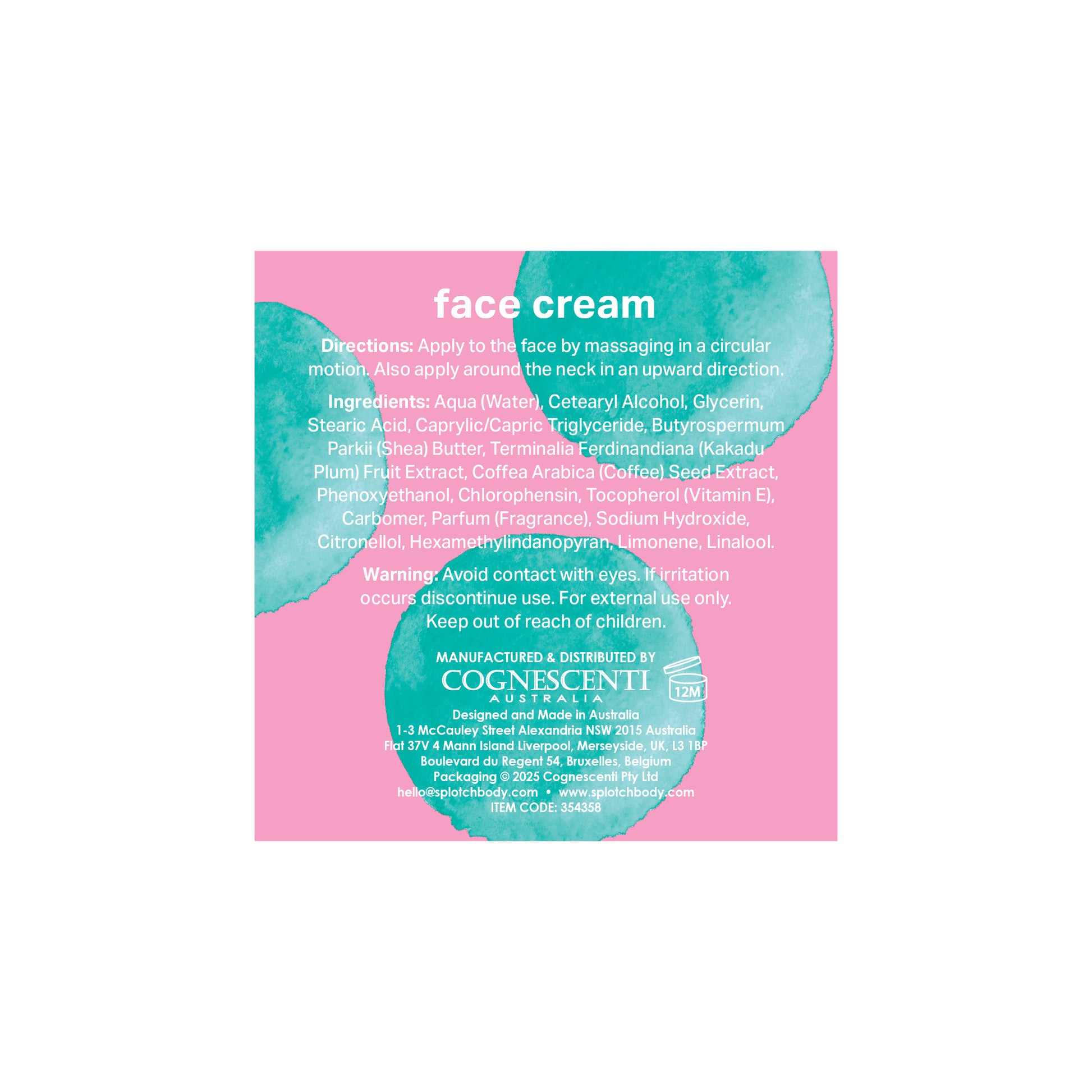 A vibrant product label with a pink background and teal watercolor splotches for a SPLOTCH BODY face cream featuring Terminalia Ferdinandiana (Kakadu Plum) Fruit Extract and Coffea Arabica (Coffee) Seed Extract.