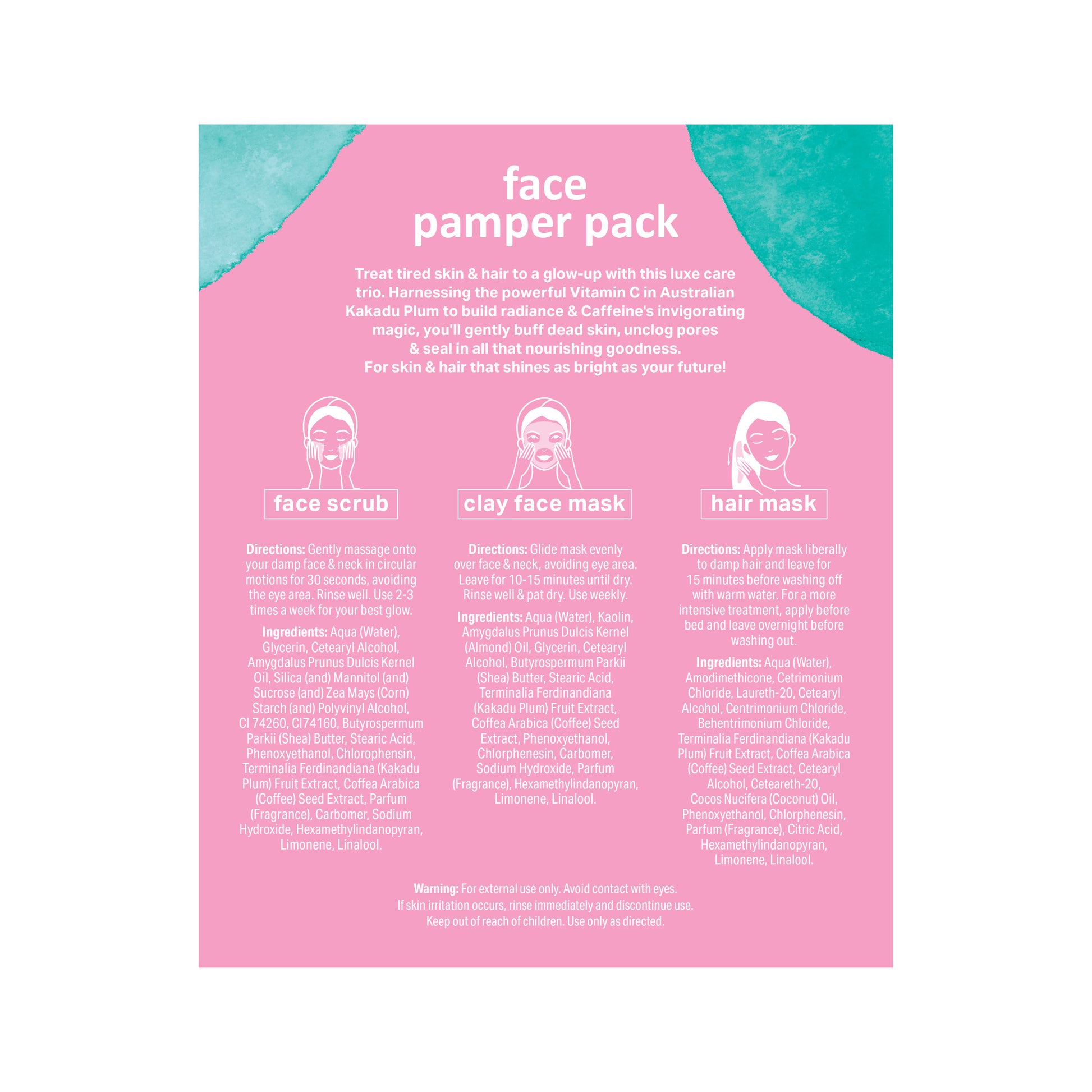 
The back label for the SPLOTCH BODY face pamper pack on a pink background with teal watercolor accents. The product description reads: "Treat tired skin & hair to a glow-up with this luxe care trio. Harnessing the powerful Vitamin C in Australian Kakadu Plum to build radiance & Caffeine's invigorating magic, you'll gently buff dead skin, unclog pores & seal in all that nourishing goodness".