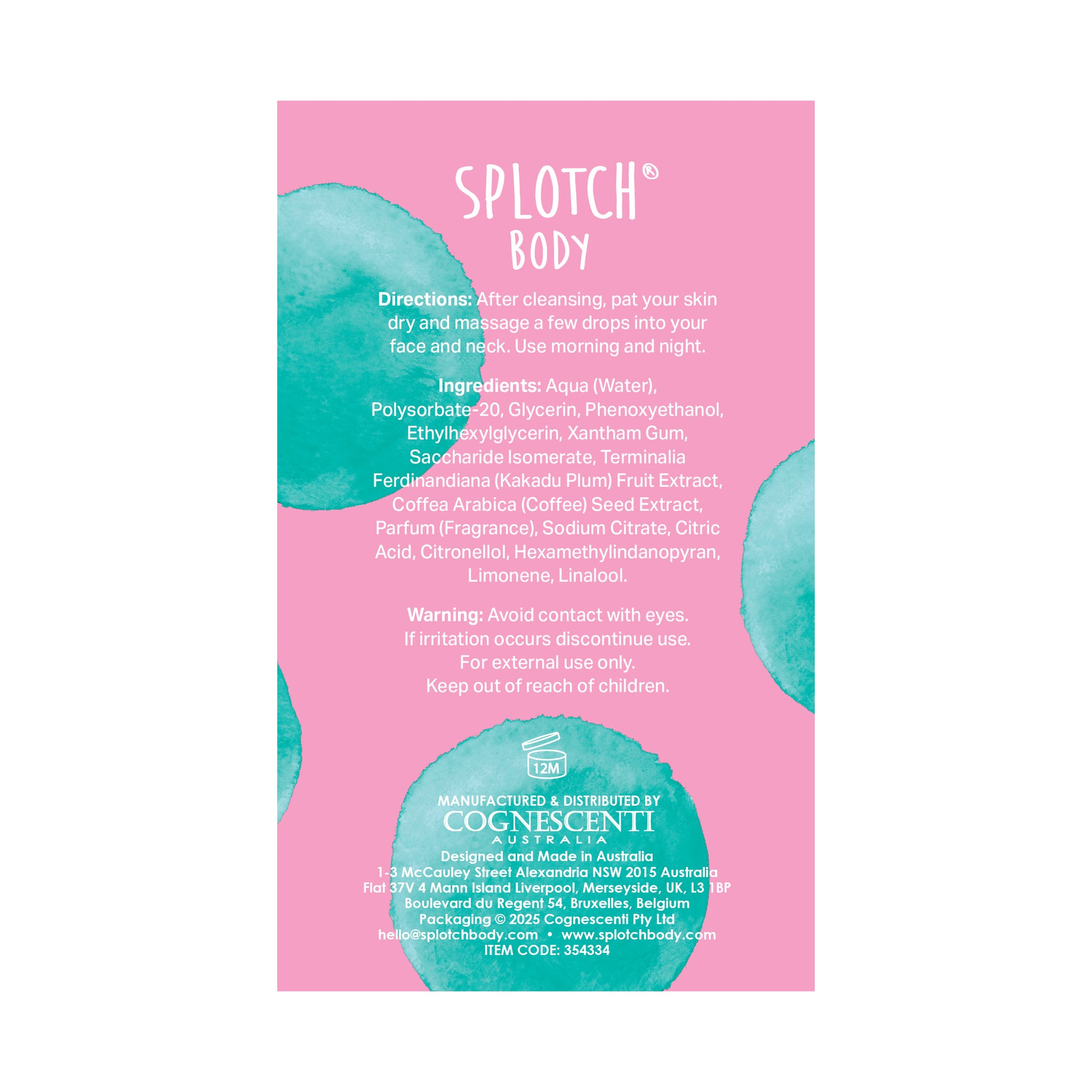 A vibrant, tropical-themed product label with a pink background and teal watercolor splotches. The label is for a SPLOTCH BODY product, featuring ingredients like Terminalia Ferdinandiana (Kakadu Plum) Fruit Extract and Coffea Arabica (Coffee) Seed Extract.