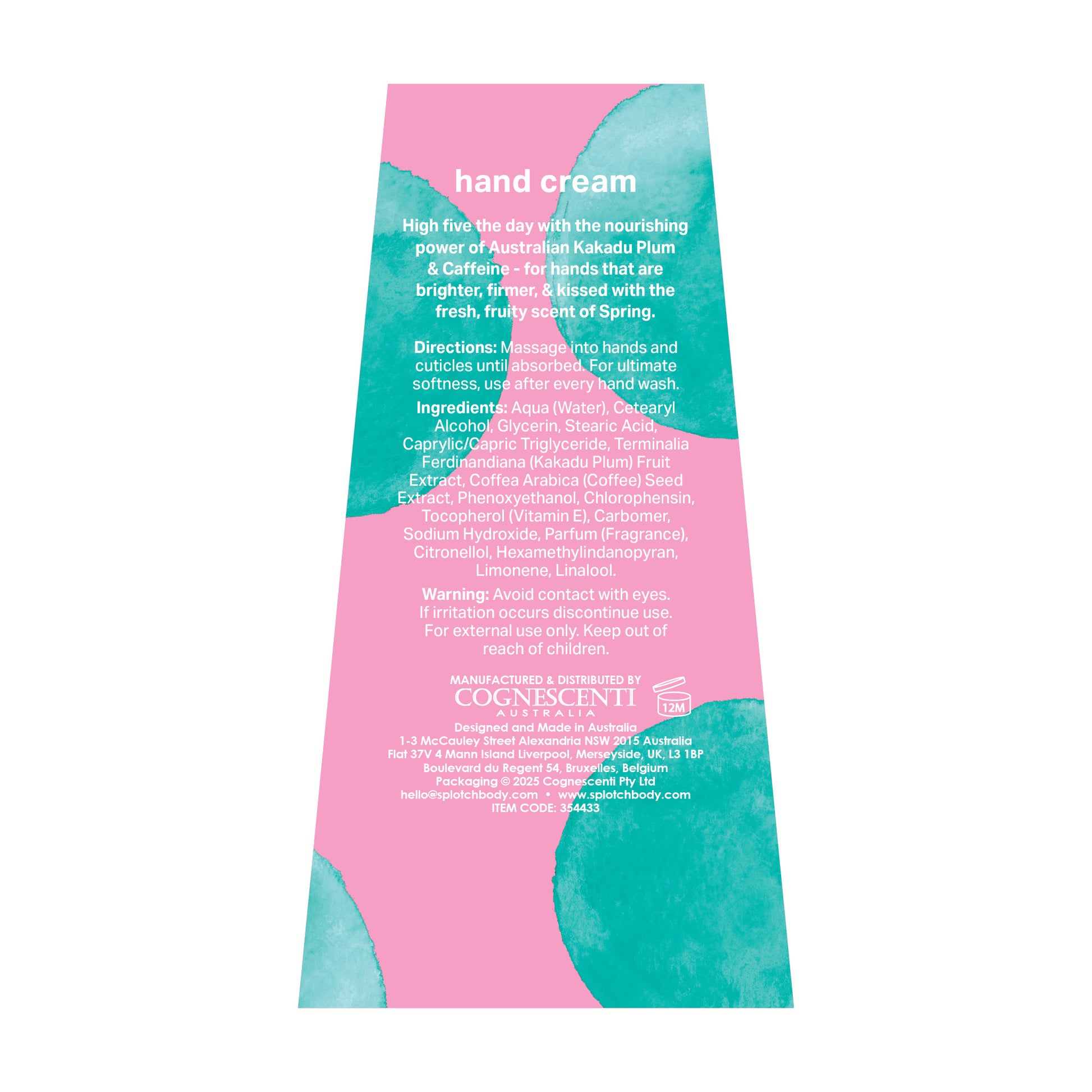 A back label for a SPLOTCH BODY hand cream with a pink background and teal watercolor splotches. The product description reads: "High five the day with the nourishing power of Australian Kakadu Plum & Caffeine - for hands that are brighter, firmer, & kissed with the fresh, fruity scent of Spring."