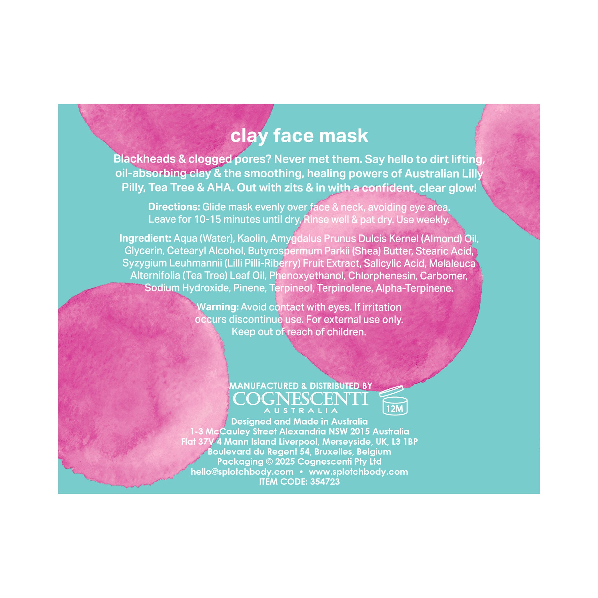 A teal informational label for the "clay face mask" featuring Lilly Pilly, Tea Tree & AHA. Directions advise gliding the mask evenly over the face and neck, avoiding the eyes, and leaving for 10–15 minutes until dry.