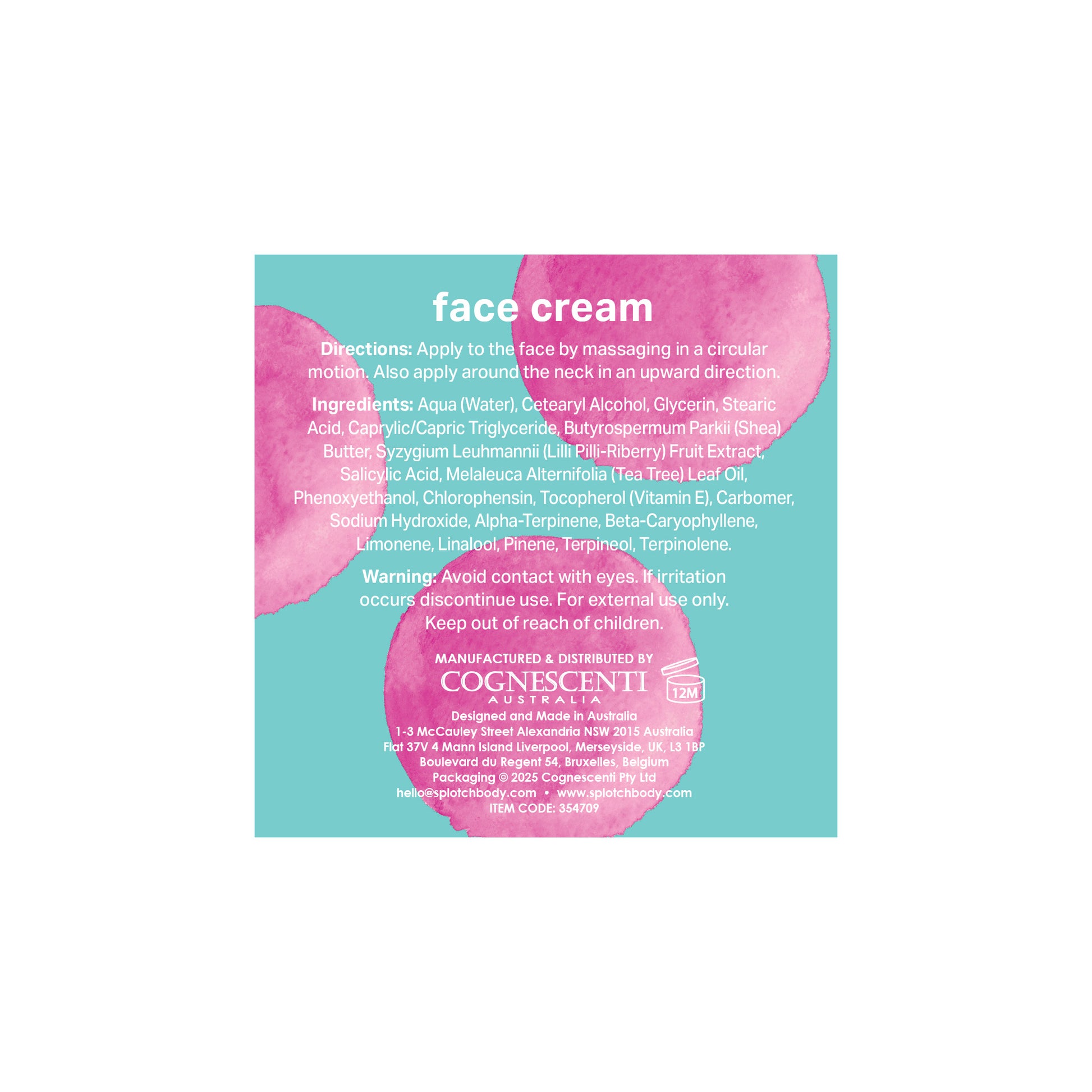 A light blue informational label with pink watercolor circles for "face cream". It includes directions to massage the cream into the face and neck in circular and upward motions. The ingredient list includes Shea Butter, Lilli Pilli Fruit Extract, and Tea Tree Leaf Oil.