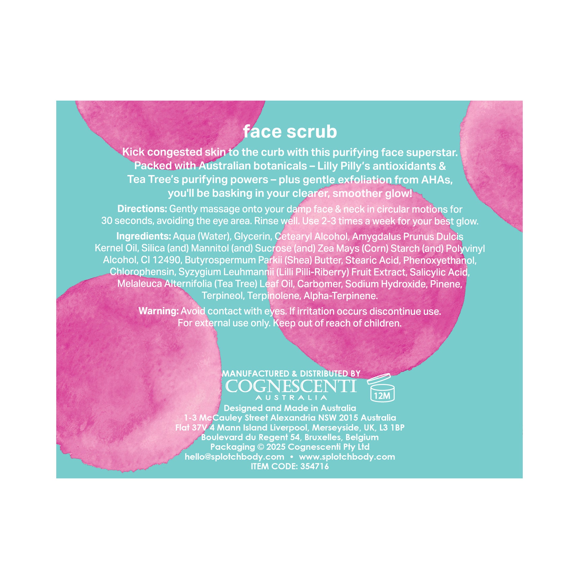 A teal informational label with pink watercolor circles for the "purifying face superstar" face scrub. It provides directions to gently massage onto a damp face and neck for 30 seconds. The ingredient list features Lilly Pilly fruit extract, Salicylic Acid, and Tea Tree leaf oil.