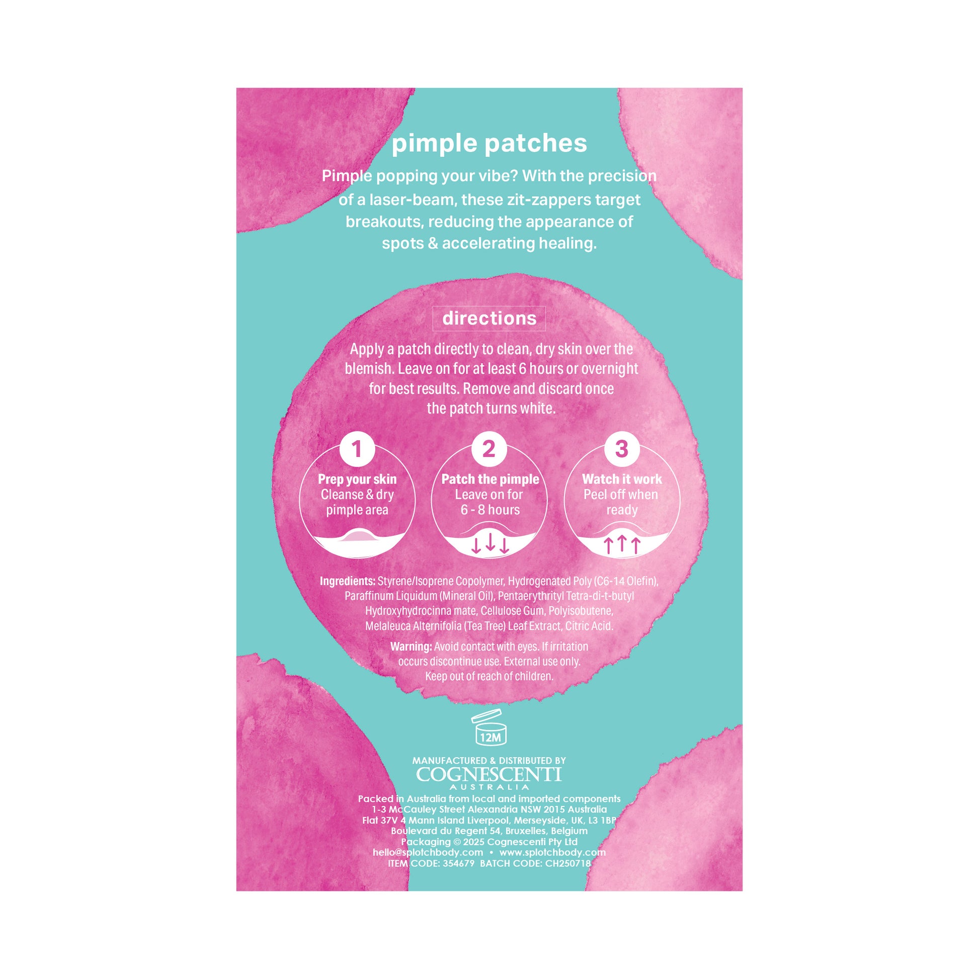 A light blue vertical label with pink watercolor circles for "pimple patches" designed to target breakouts and accelerate healing. It includes a three-step guide: prep your skin, patch the pimple (leave for 6–8 hours), and watch it work.