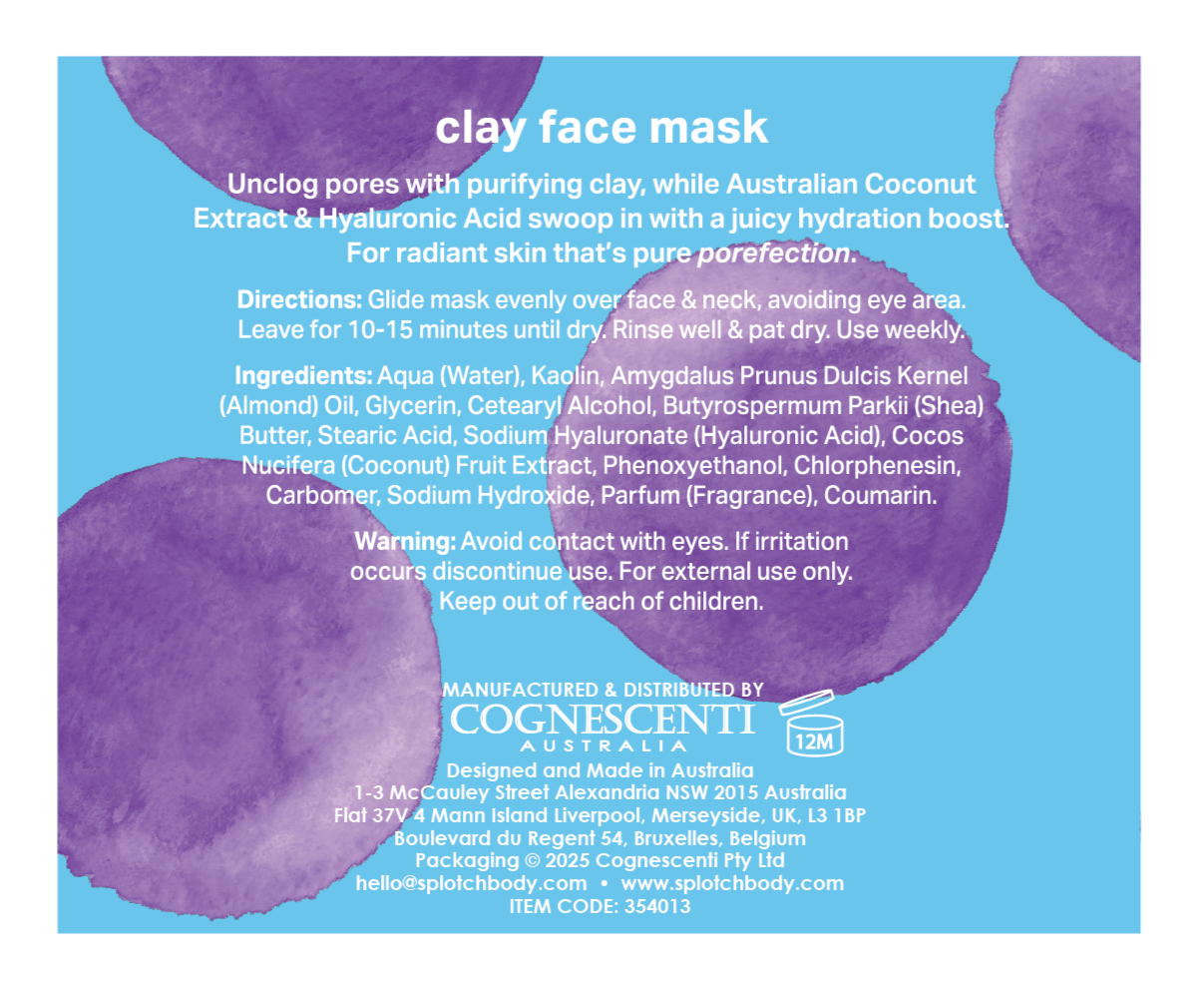 splotch body clay face mask packaging blue with text on a white background