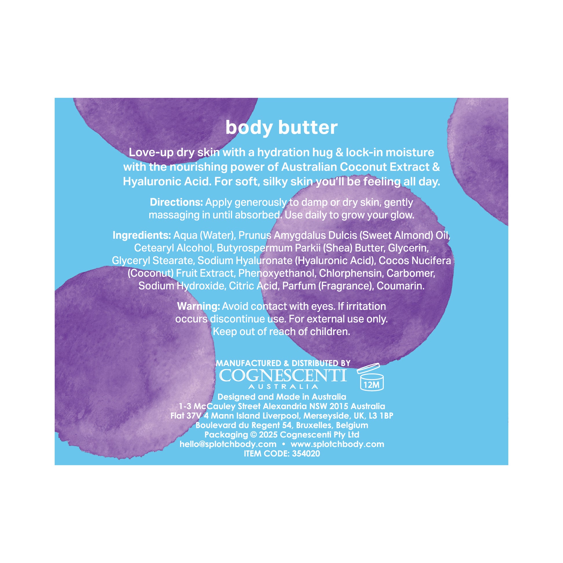 Body butter label with blue and purple design on a white background