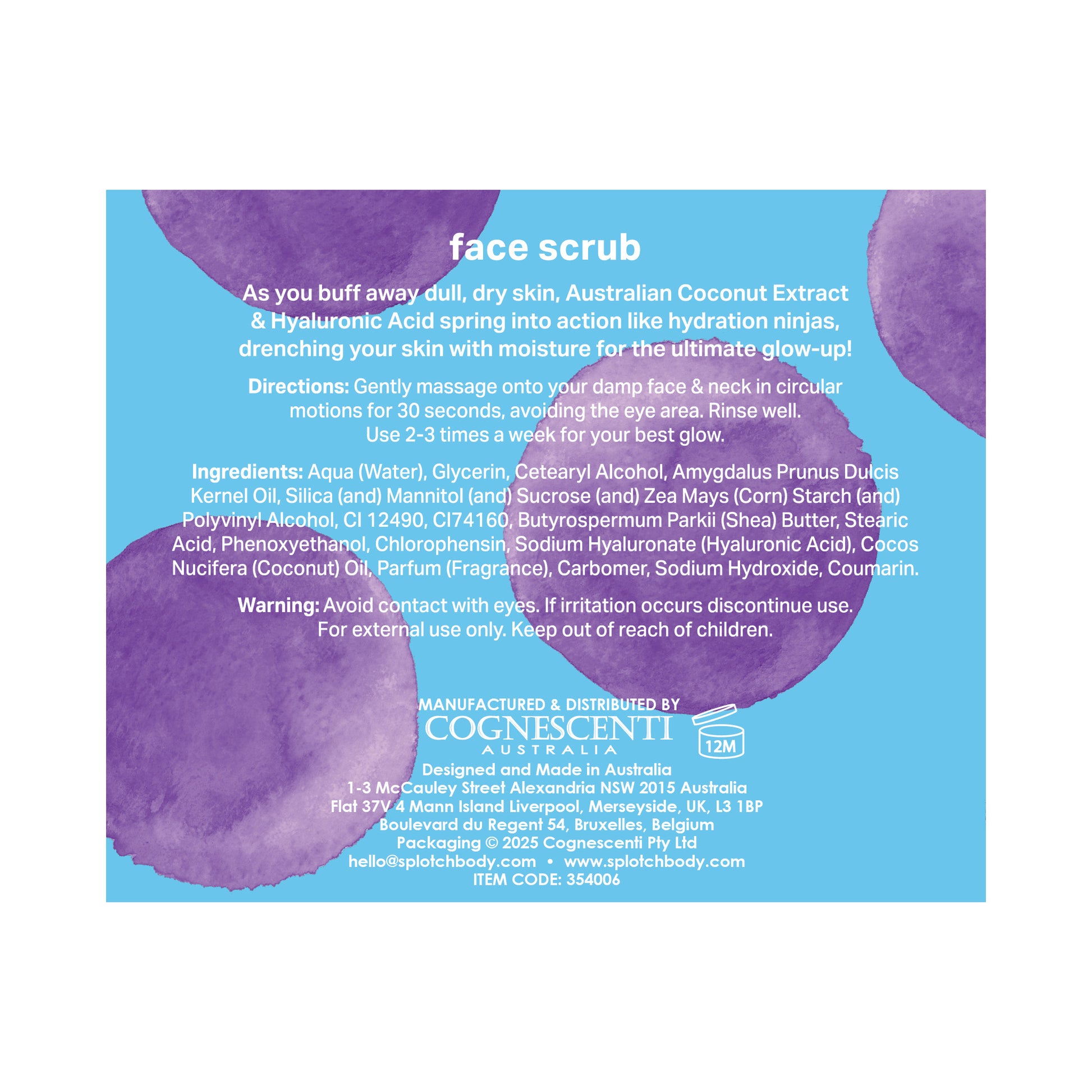 Product label for face scrub with blue and purple design