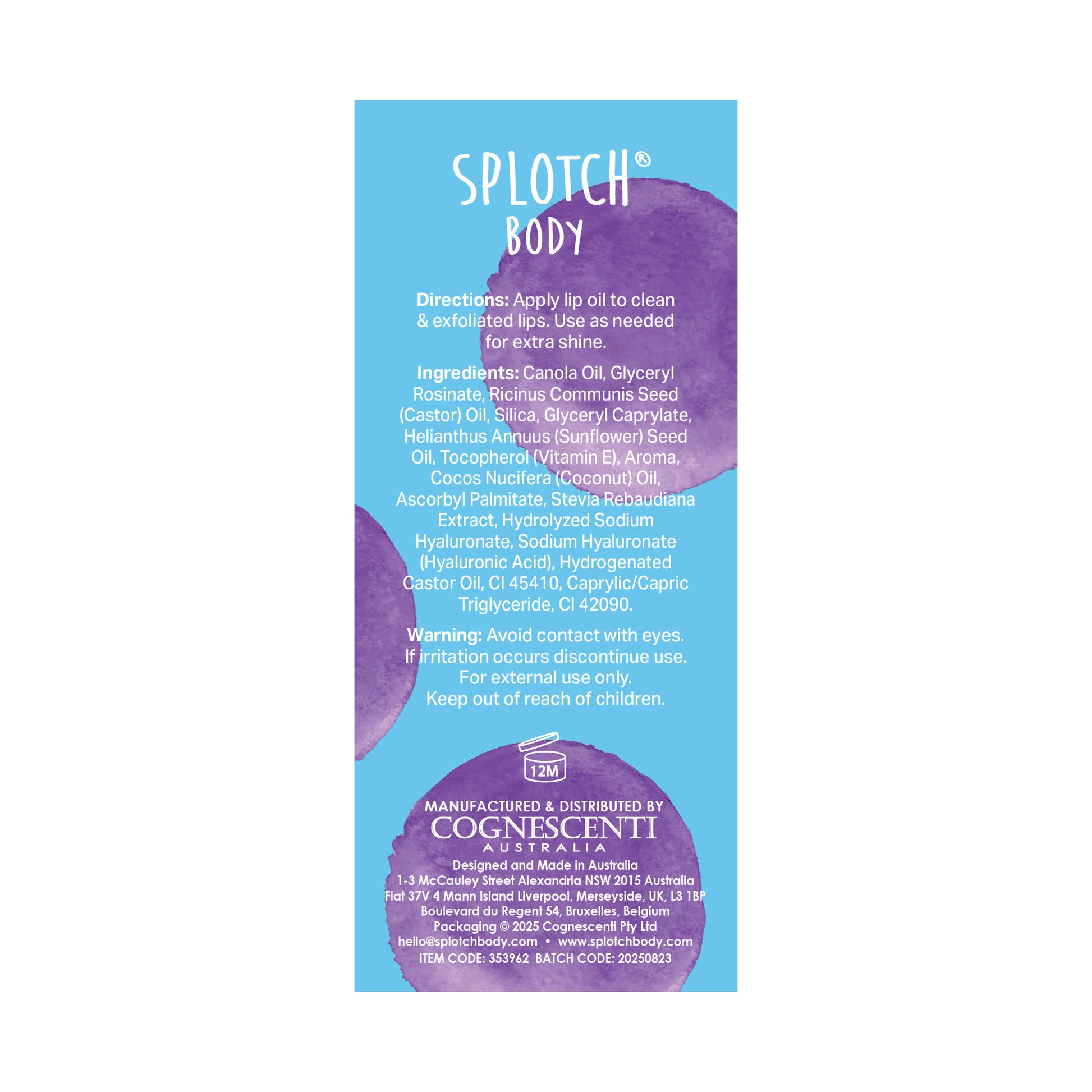 Product label with blue and purple design on a white background