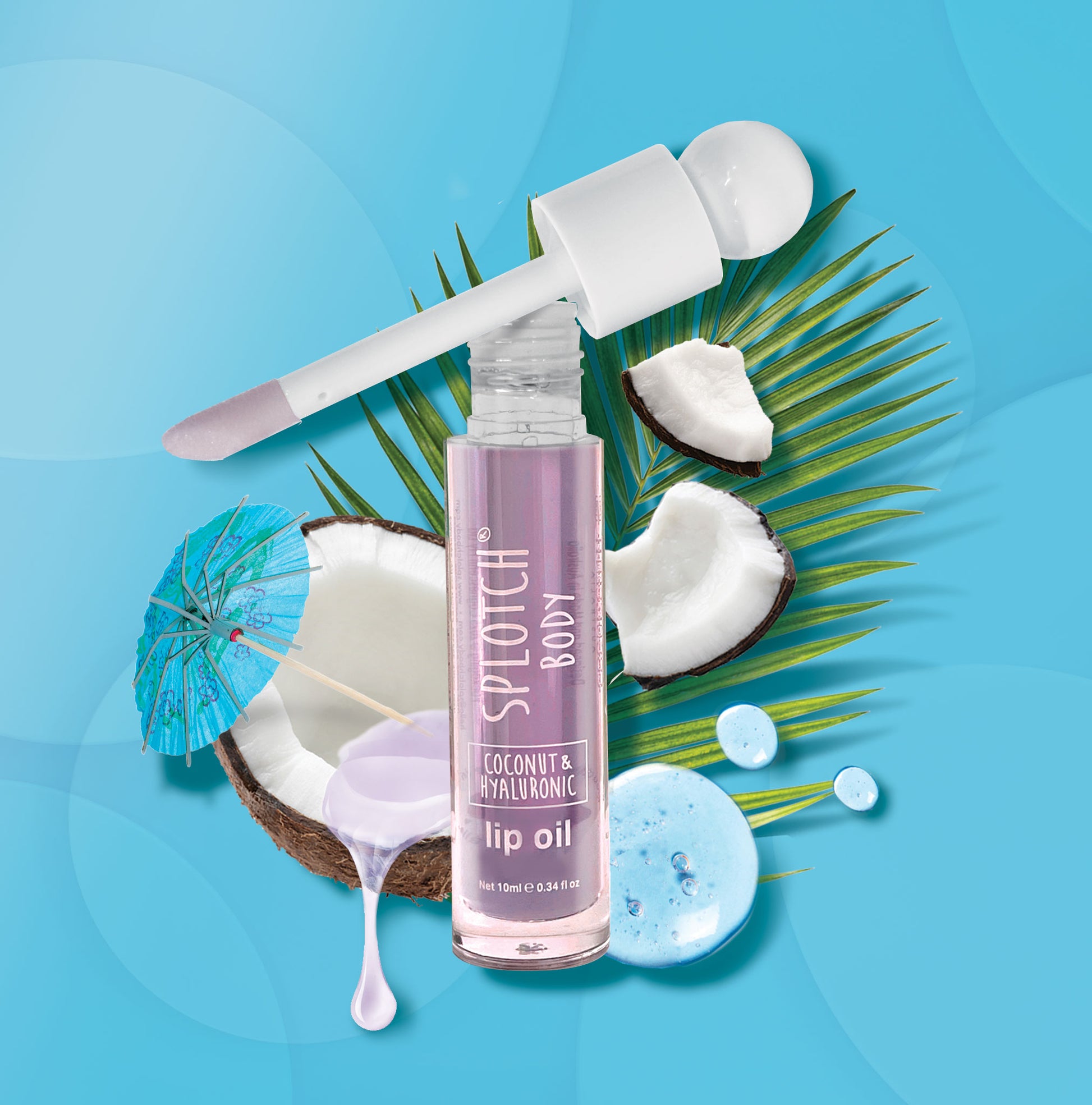 Splotch lip oil with coconut and hyaluronic acid on a blue background