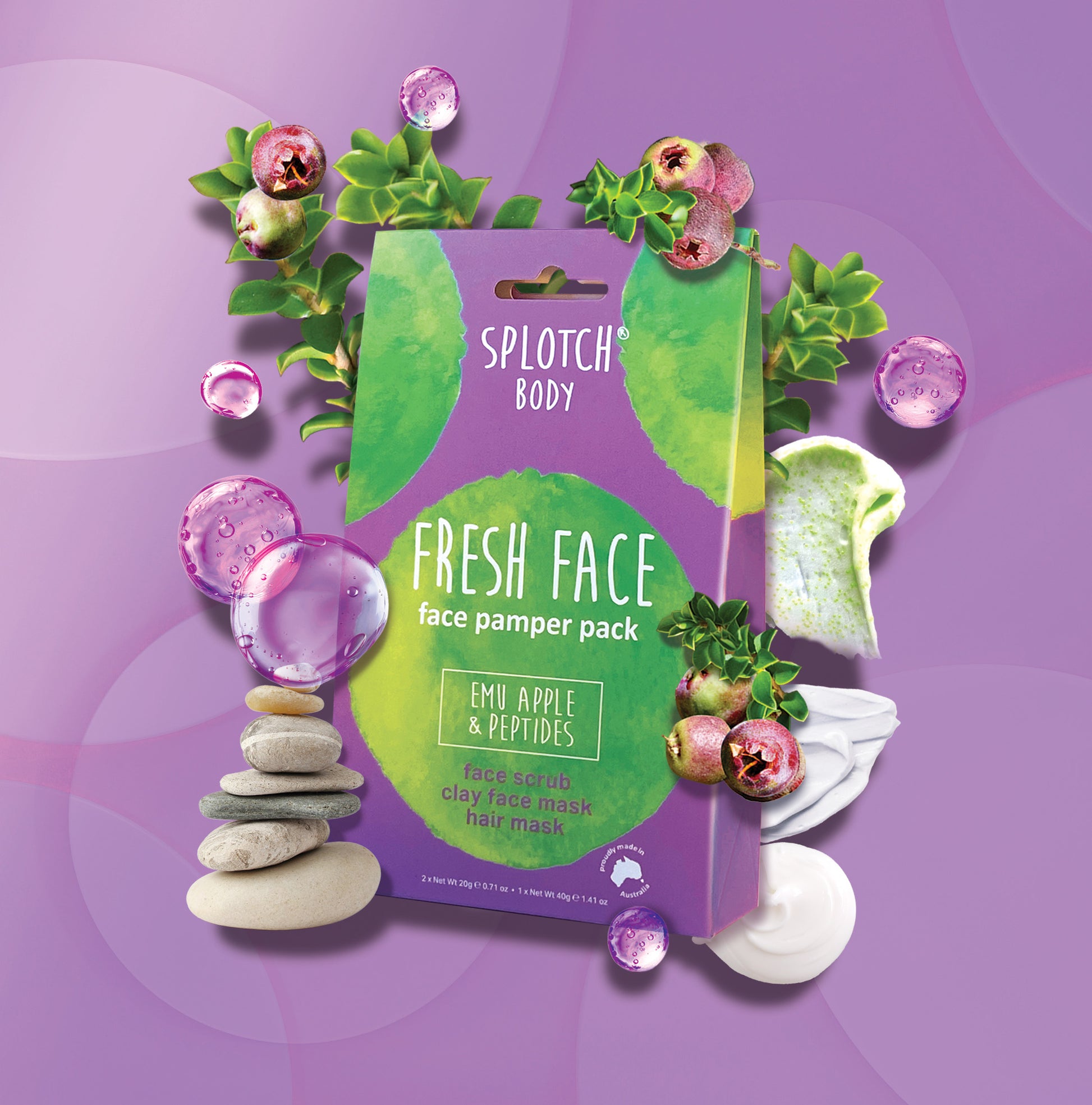 A stylised product photo of a purple box for the SPLOTCH BODY "FRESH FACE" face pamper pack, which contains face scrub, clay face mask, and hair mask, all featuring Emu Apple & Peptides. The box is surrounded by Emu Apple berries, green leaves, purple bubbles, a stack of zen stones, and swipes of white and green product, all set against a purple background.