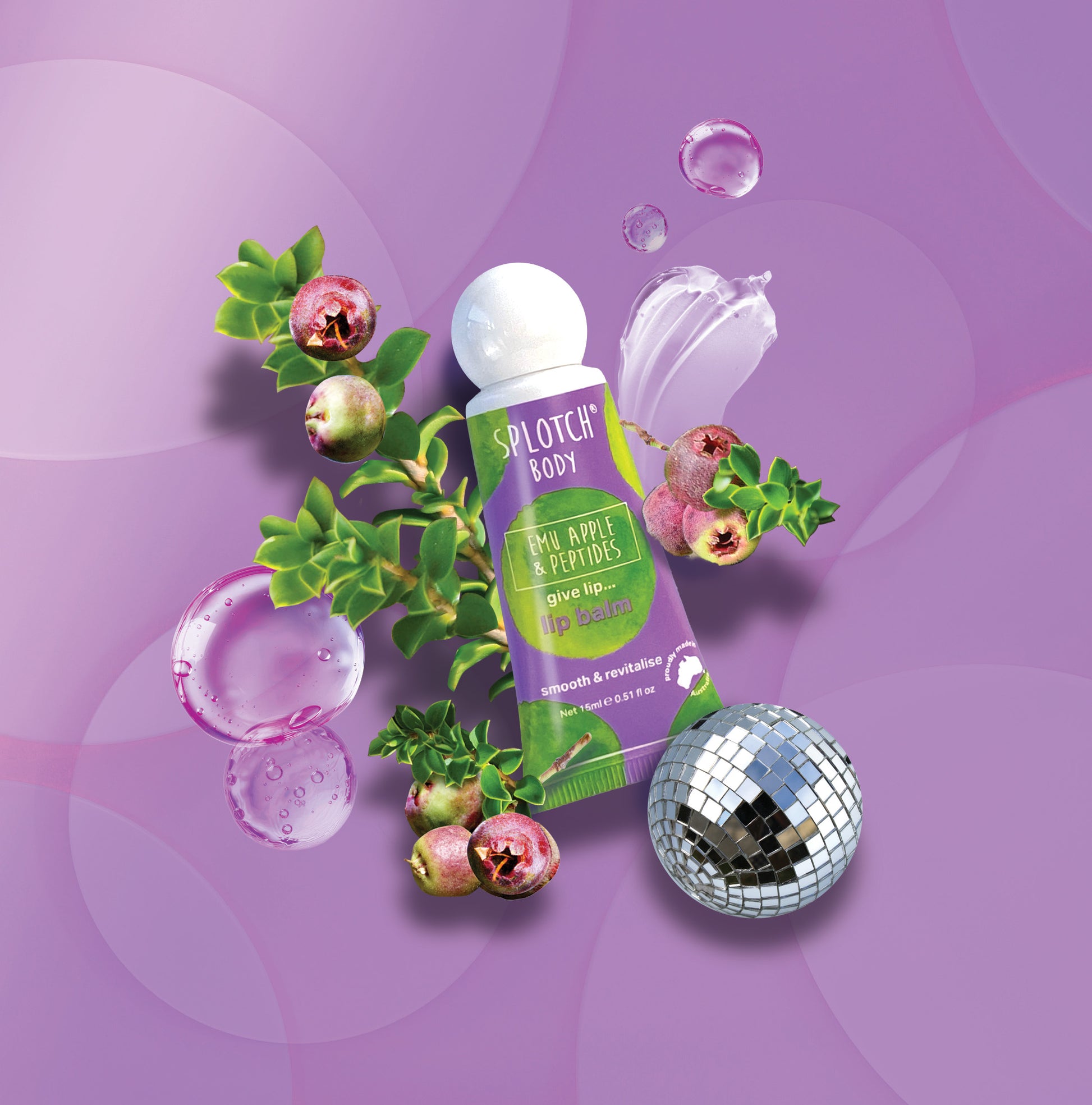 A purple squeeze tube of Emu Apple & Peptides lip balm designed to smooth & revitalise, shown in a graphic with a disco ball and floating purple berries.