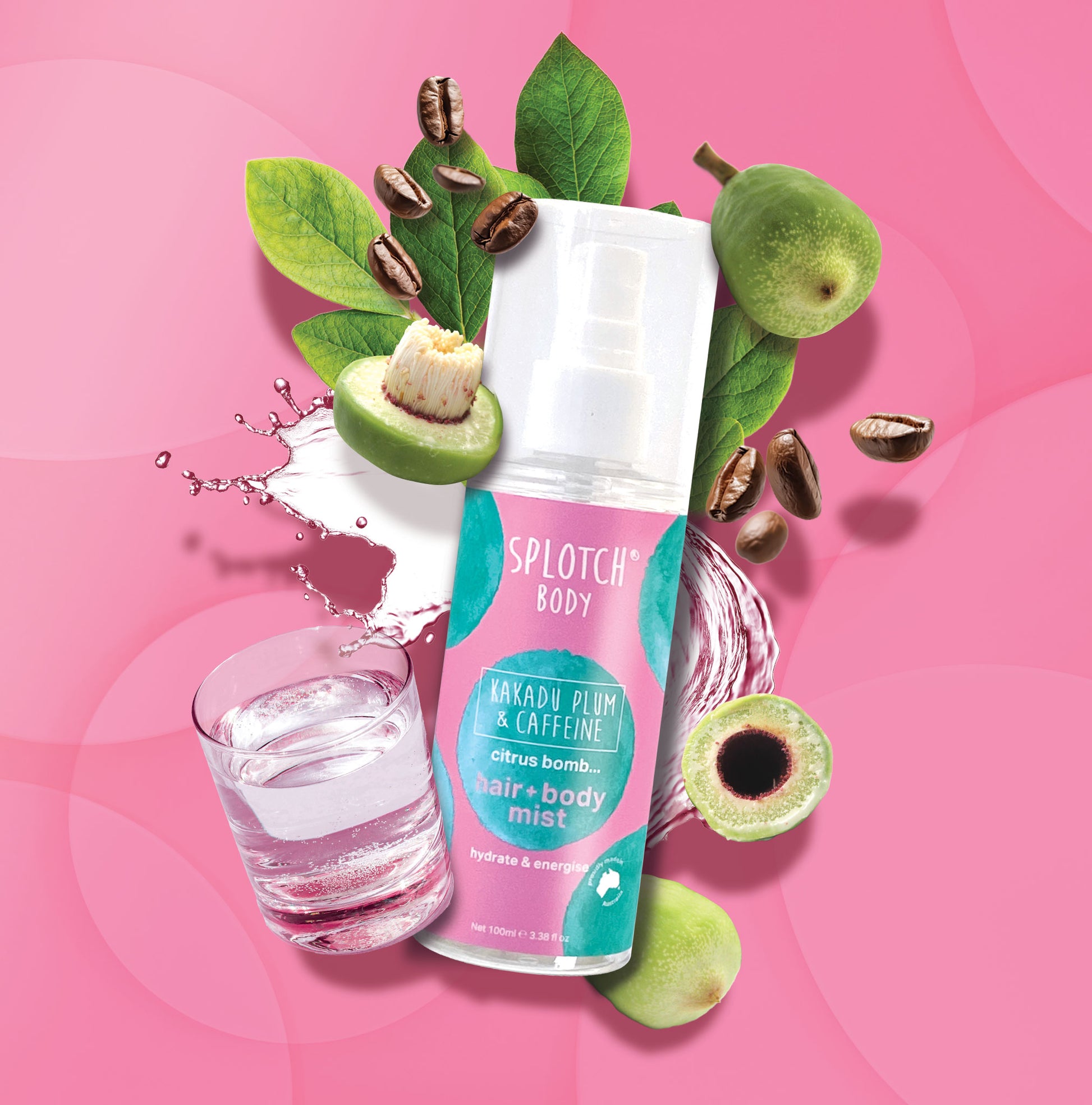 A product shot for SEO featuring a white spray bottle of SPLOTCH BODY Kakadu Plum & Caffeine Hair + Body Mist resting on a pink background. The scene includes fresh Kakadu Plums, green leaves, coffee beans, water splash, and a glass of pink liquid, highlighting the "citrus bomb... hair+body mist" to "hydrate & energise". The net content is $100 \text{ml} \ 3.38 \text{fl oz}$.