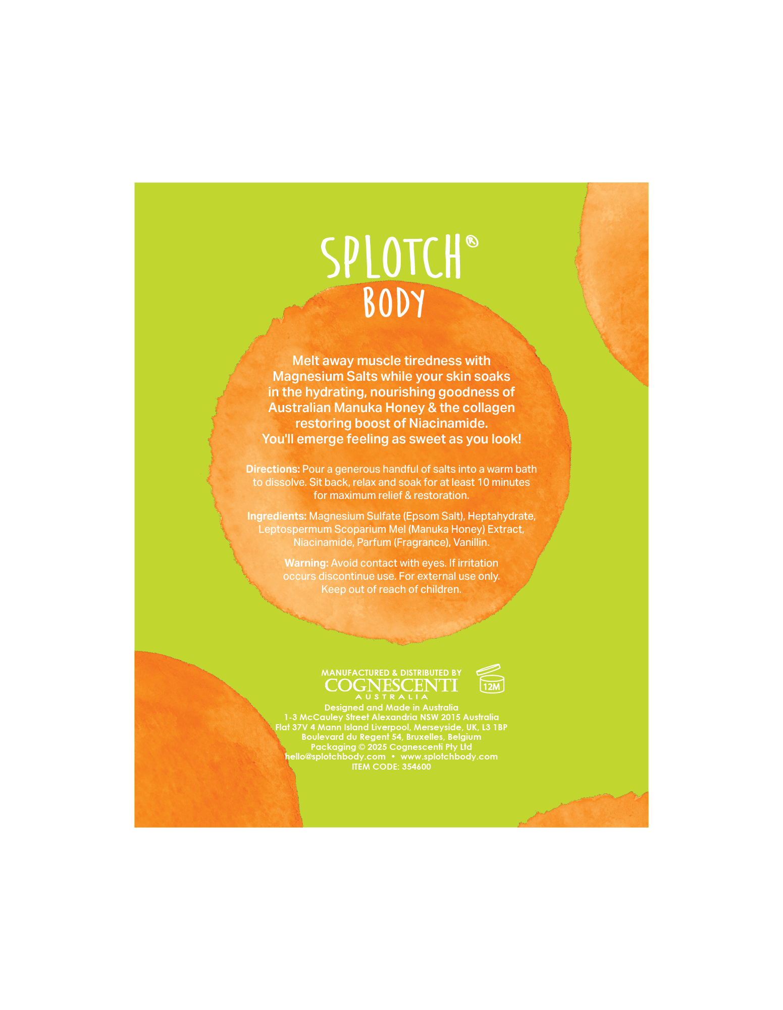 Splotch Body packaging with green background and orange accents