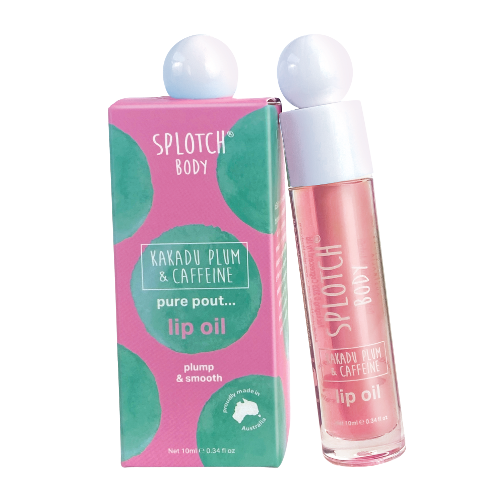 Splotch Body lip oil with pink packaging and white cap on a white background