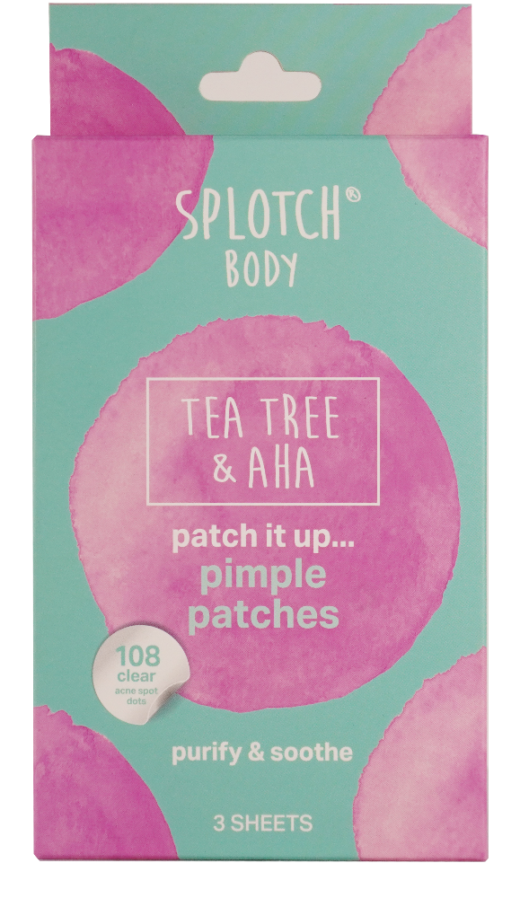 Splotch Body Tea Tree & AHA pimple patches packaging on a white background