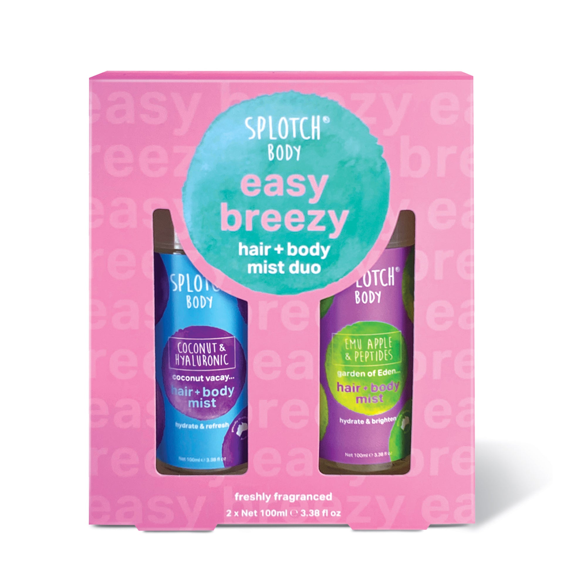 Splotch Body easy breezy hair and body mist duo packaging on a white background