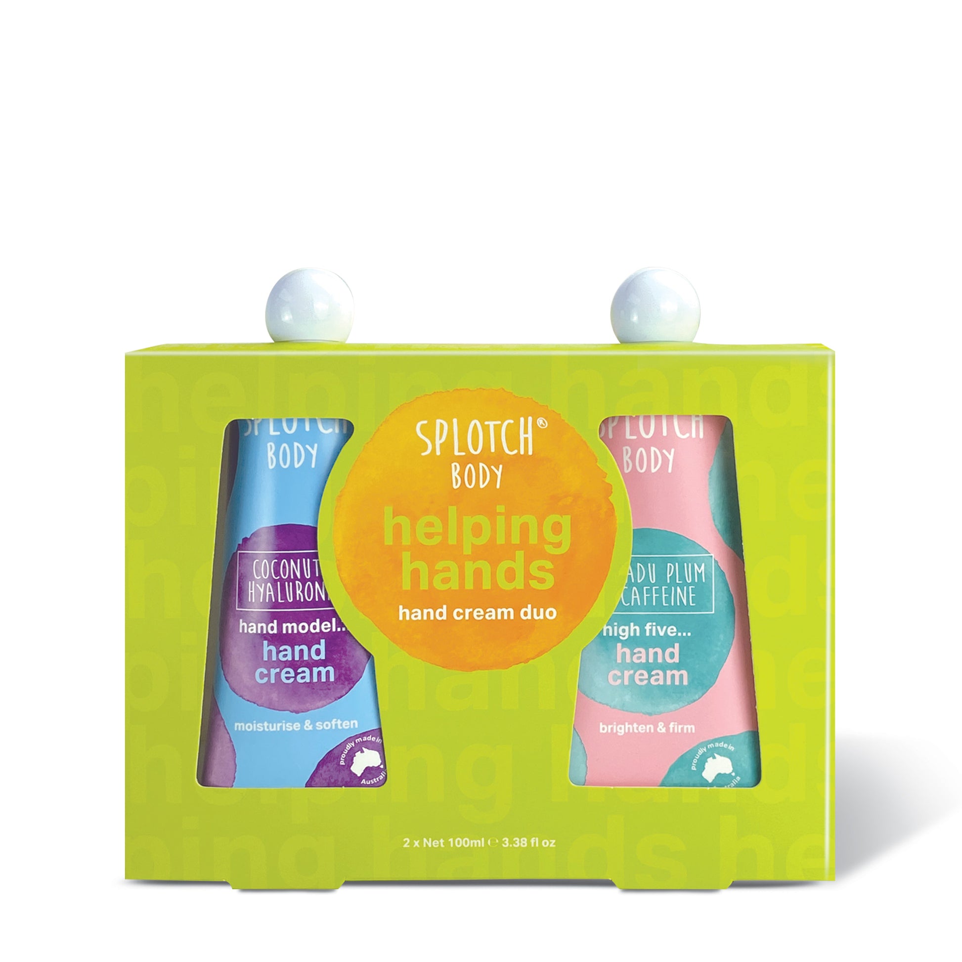 Two hand creams in a green box with 'Splash Body' branding on a white background