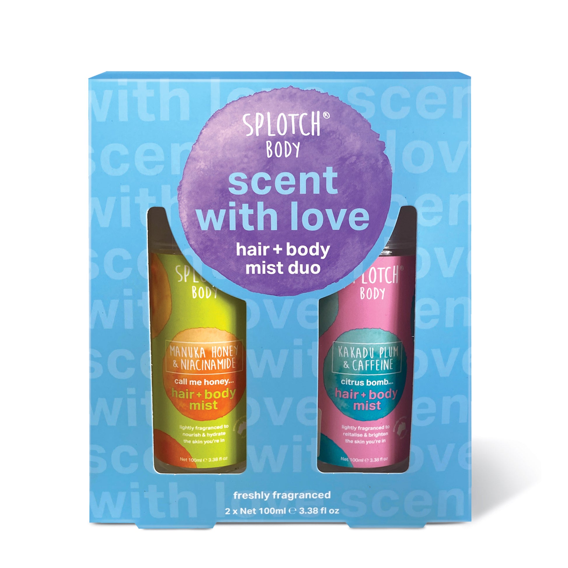 Splotch hair and body mist duo packaging with two bottles inside on a white background