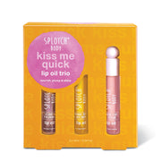The Australian-made Splotch Body "kiss me quick... lip oil trio" is presented in a vertical lime-green gift box decorated with soft pink and orange watercolor splotches, containing three specialized lip treatments: a coconut-oil sugar scrub, a shea butter and almond oil balm, and a Vitamin E-infused gloss.