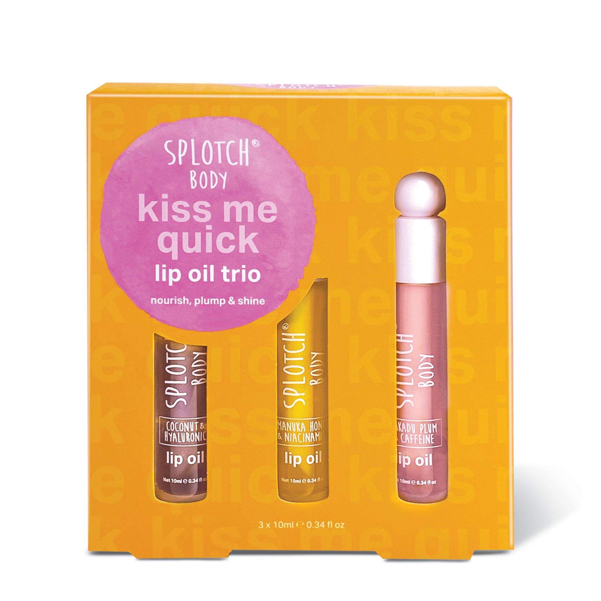 The Australian-made Splotch Body "kiss me quick... lip oil trio" is presented in a vertical lime-green gift box decorated with soft pink and orange watercolor splotches, containing three specialized lip treatments: a coconut-oil sugar scrub, a shea butter and almond oil balm, and a Vitamin E-infused gloss.