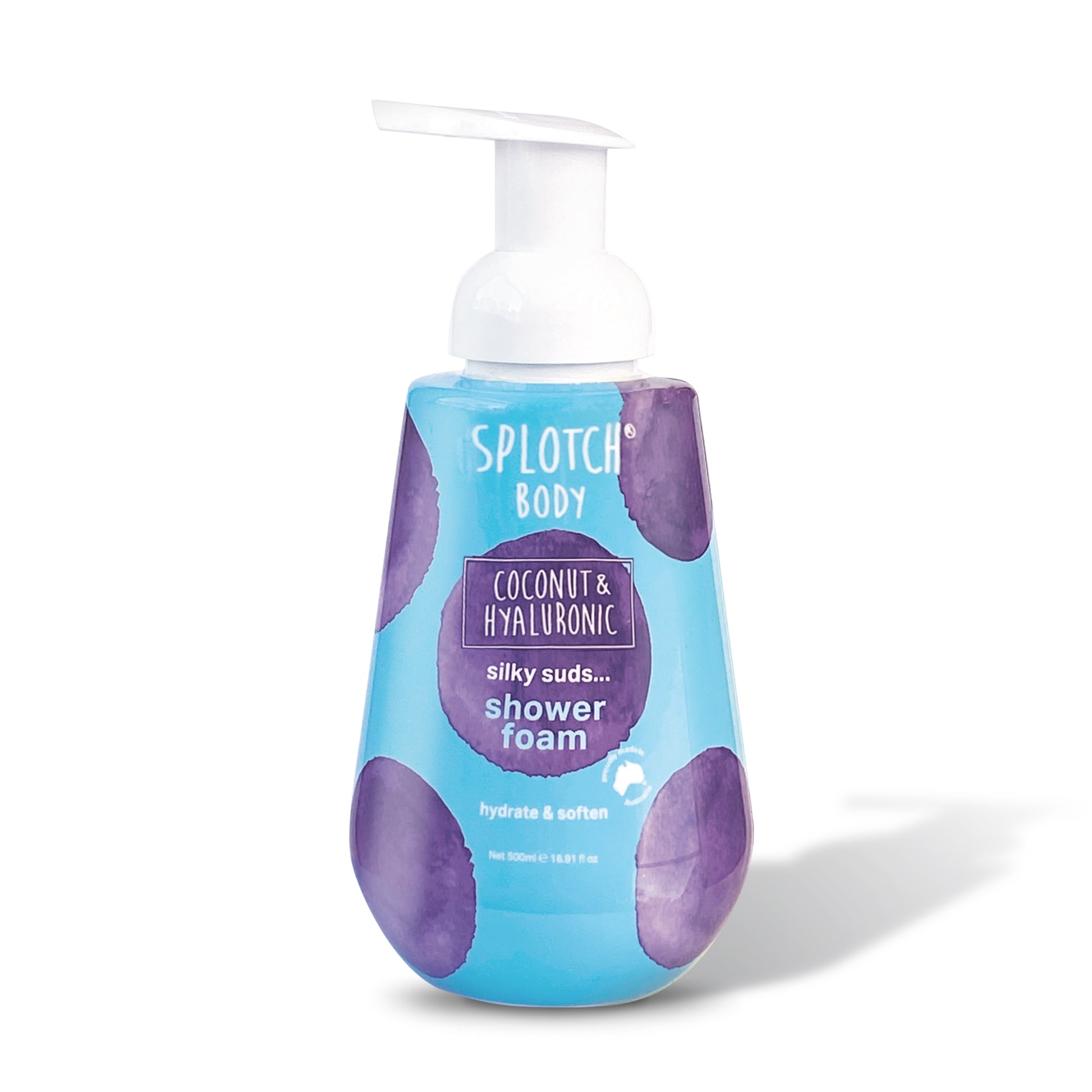 A blue and purple pump bottle of "Sploth Body Coconut & Hyaluronic Silky Suds Shower Foam" with the label text "hydrate & soften." The product is shown in a promotional setting surrounded by tropical elements like halved coconuts, a green palm leaf, soap bubbles, water droplets, and a scoop of vanilla ice cream on a cone, suggesting a hydrating, fragrant, and luxurious experience.