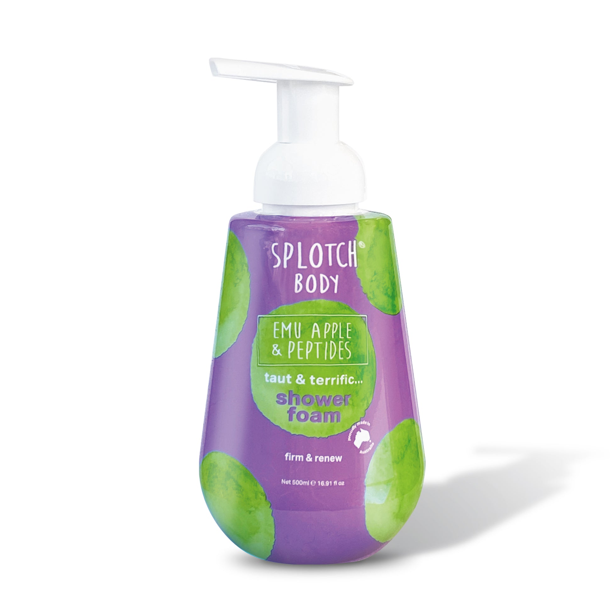 A purple and white bottle of SPLOTCH BODY Emu Apple & Peptides shower foam with a pump dispenser. The label has green, circular splotches and the text reads: "SPLOTCH BODY," "EMU APPLE & PEPTIDES," "taut & terrific... shower foam," and "firm & renew." The net content is listed as 500ml 16.91fl oz.