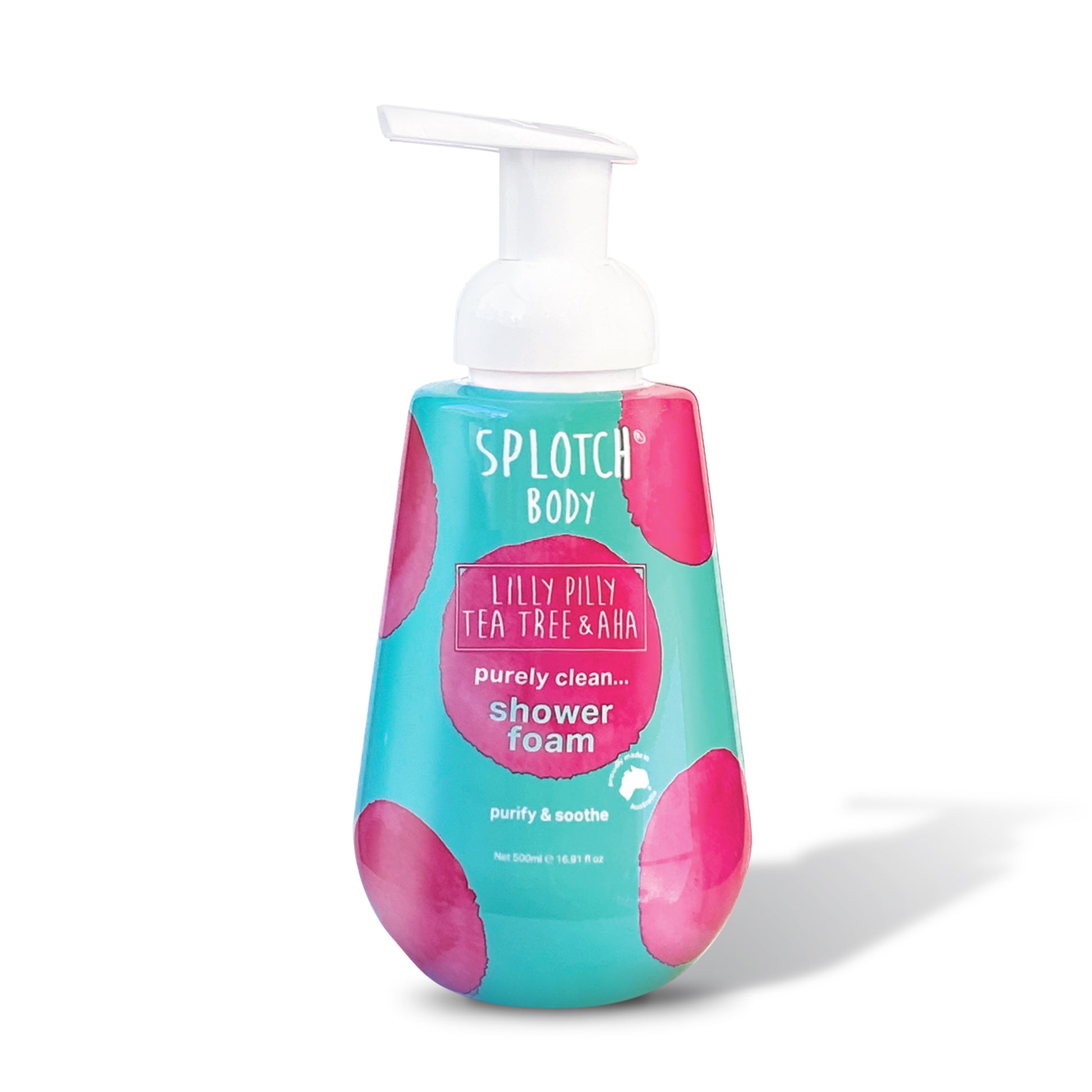 Foam soap bottle with pink and blue design on a white background