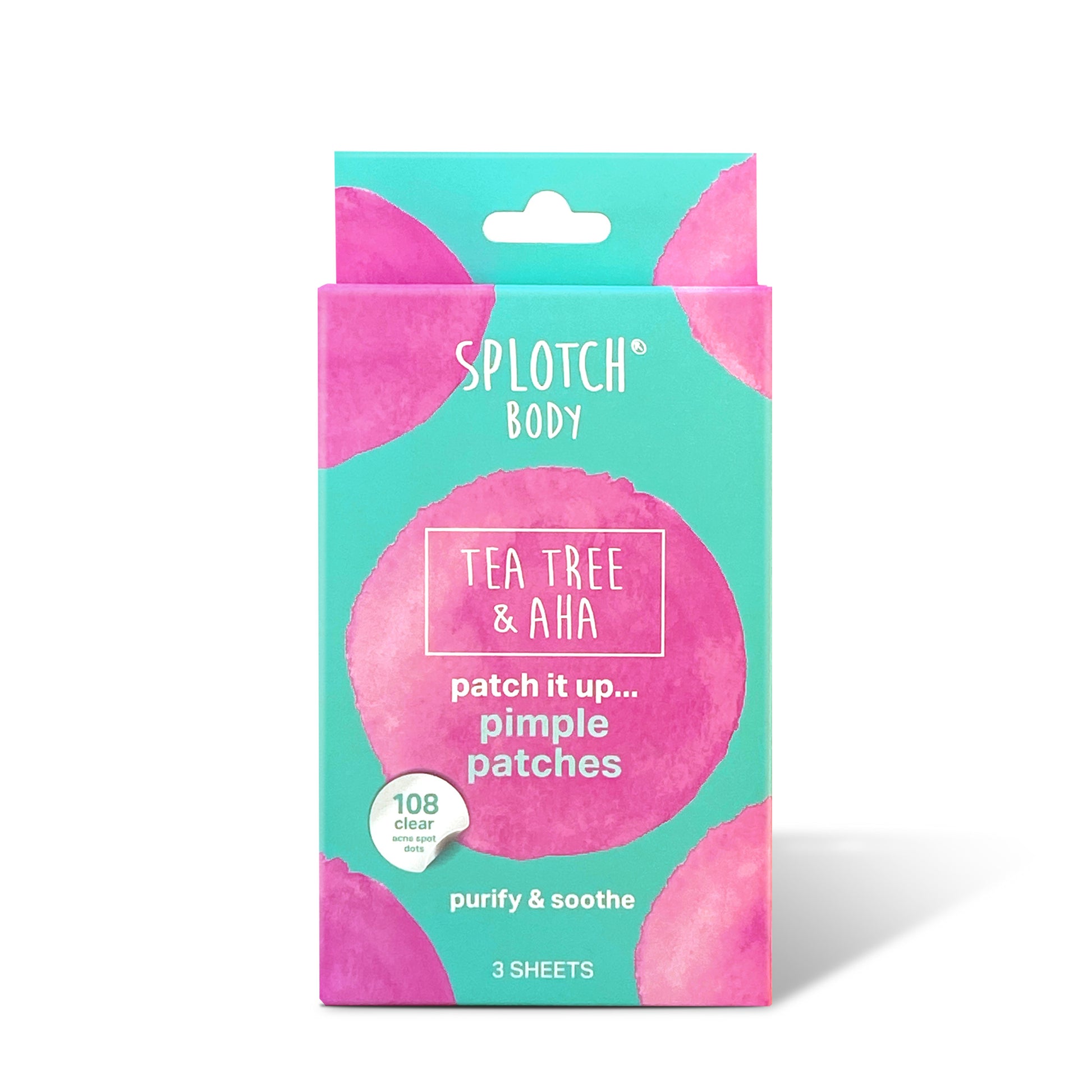 A light blue box titled "patch it up... pimple patches" featuring pink watercolor circles. A sticker notes it contains 108 clear acne spot dots across 3 sheets.