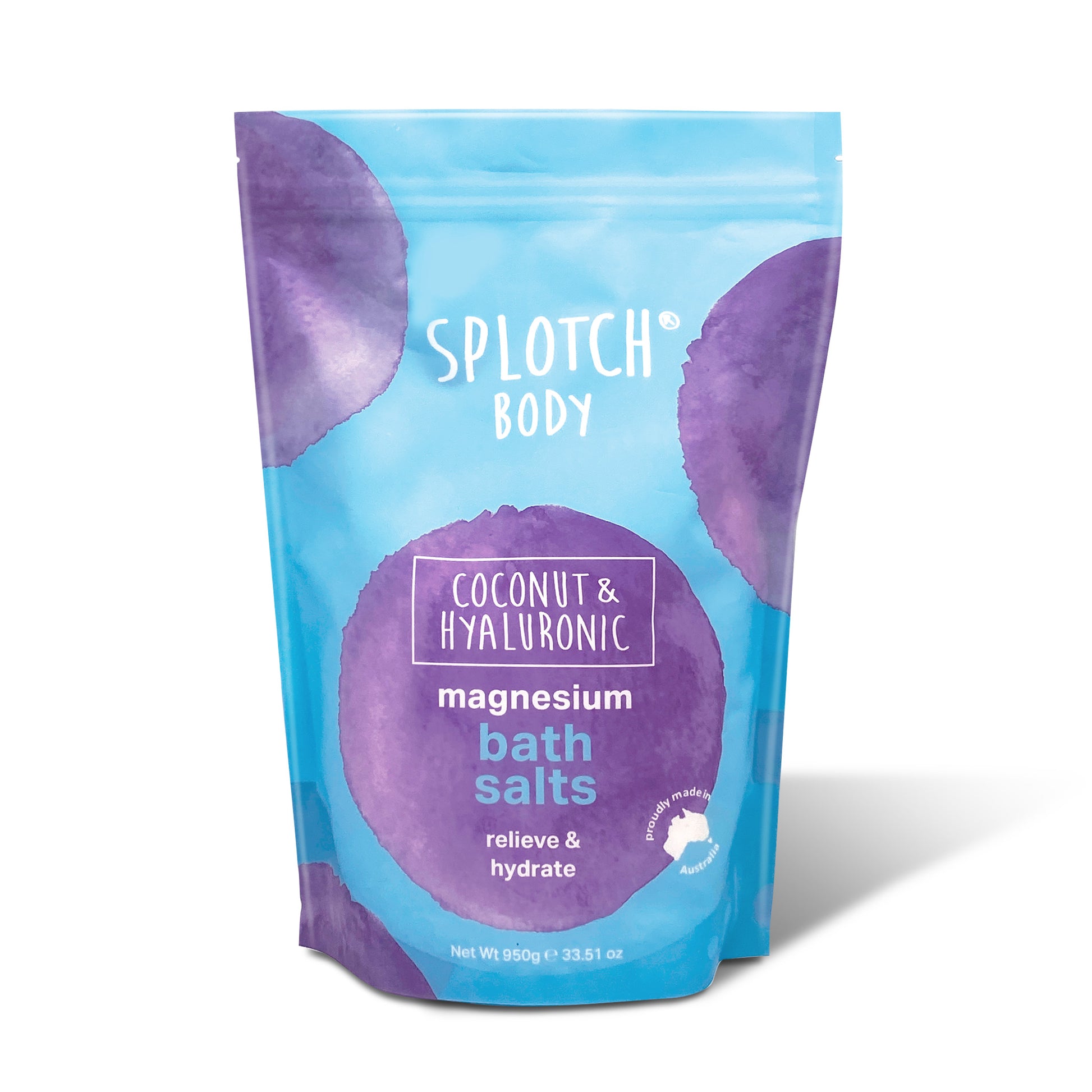 A light blue pouch of SPLOTCH BODY Coconut & Hyaluronic Magnesium Bath Salts with large purple splotch designs. The label reads "relieve & hydrate." 