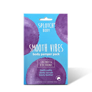 A collection of Sploth Body Coconut & Hyaluronic products, featuring a Silky Suds Shower Foam (500ml pump bottle), a Frizz Fighter Hair Mask (200g tub), and a Smooth Vibes Body Pamper Pack (containing bath salts, body scrub, and body butter). All products share a light blue design with large purple watercolor splotches and are made in Australia.