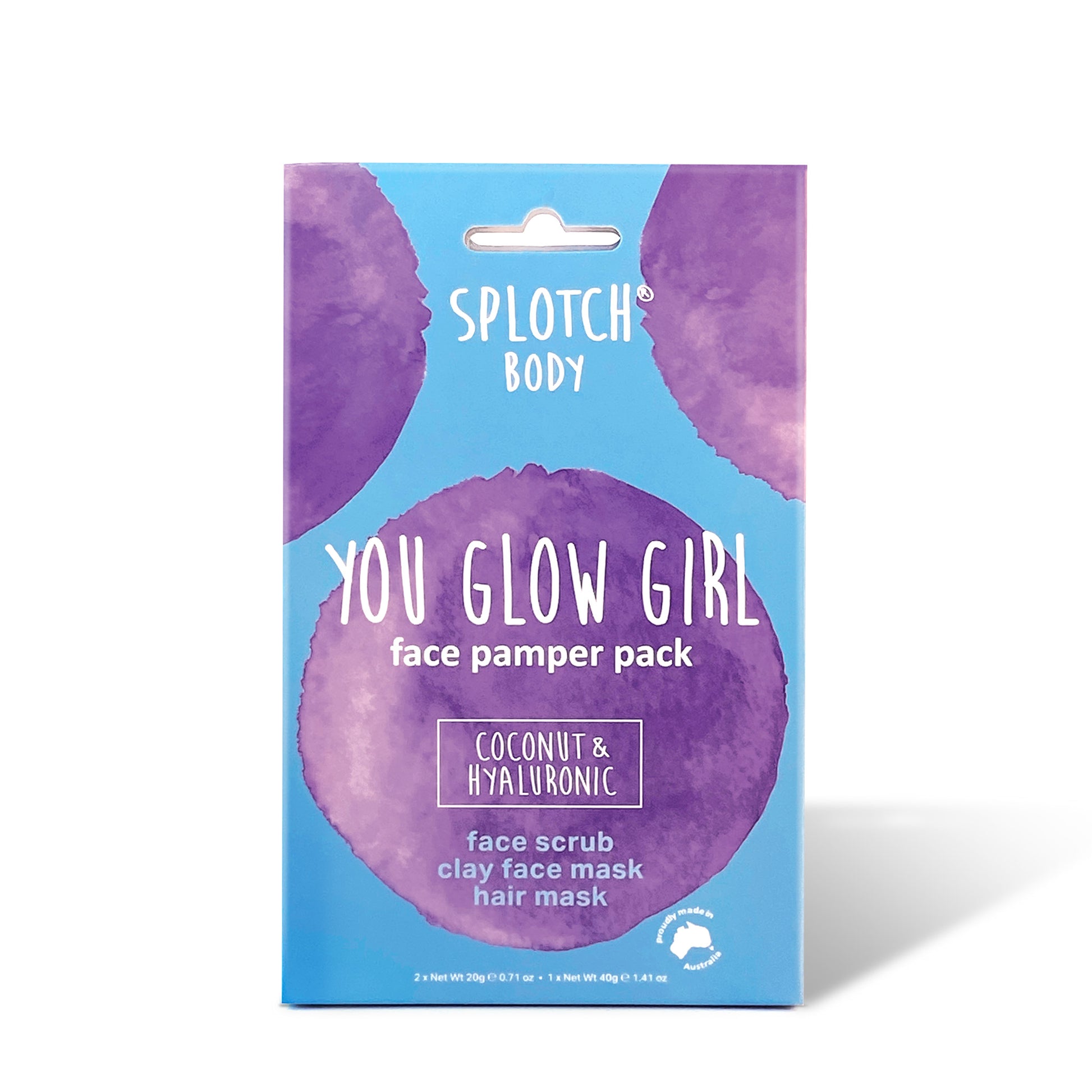 Promotional images for the Sploth Body Coconut & Hyaluronic collection, highlighting moisturizing and smoothing benefits for face, body, and hair. Key ingredients and functions mentioned include: Epsom salts and Hyaluronic Acid for tension relief, coconut oil, shea butter, and almond oil for long-lasting hydration, and a face pamper trio designed to scrub away dullness, cleanse with clay, and nourish with a hydrating hair mask.