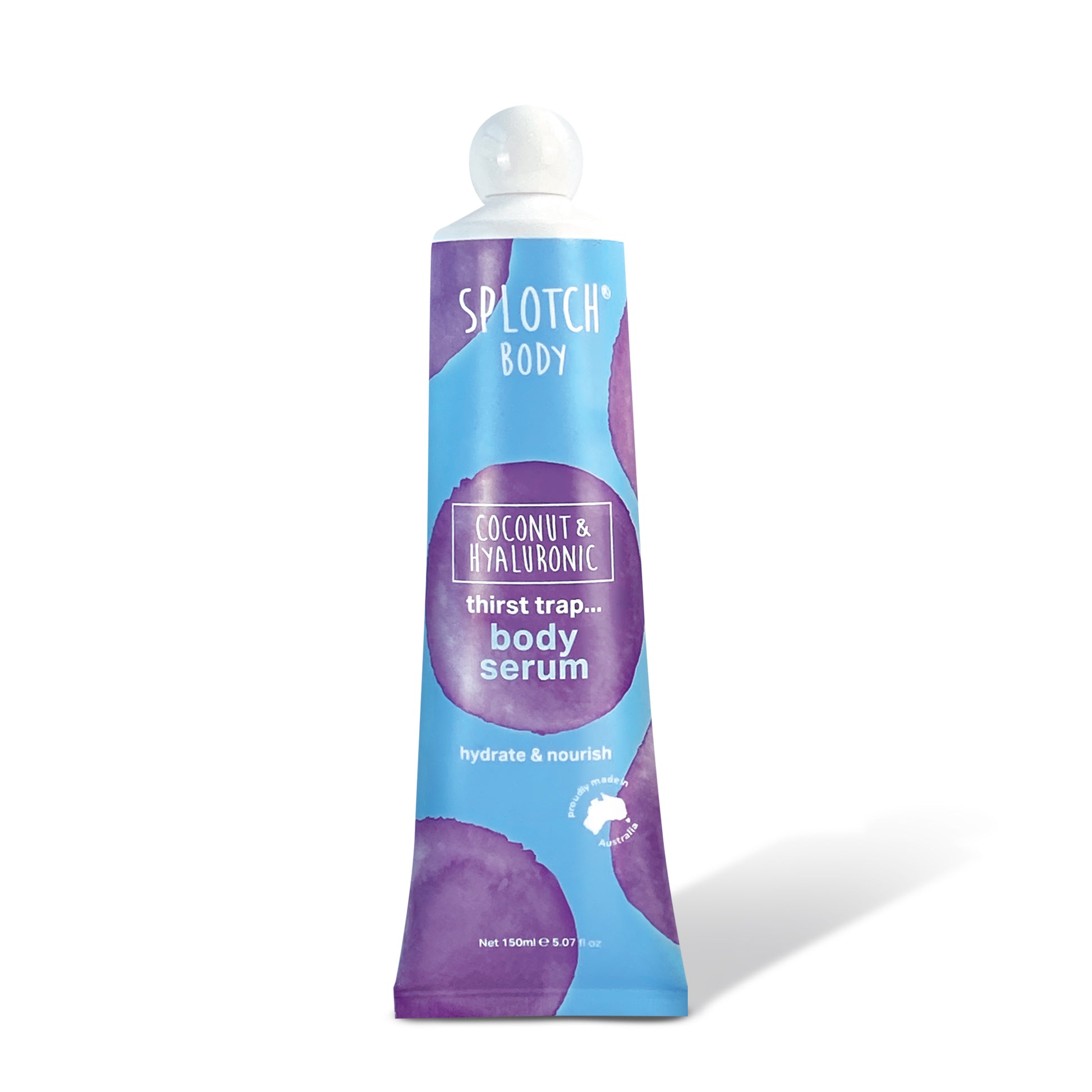 A large squeeze tube of SPLOTCH BODY Coconut & Hyaluronic Body Serum. The tube is blue with purple splotch designs and a white cap. The label reads "thirst trap... body serum" and "hydrate & nourish," with a net content of $150\text{ml}/5.07\text{fl}\text{oz}$. A stamp indicates it is "proudly made in Australia."