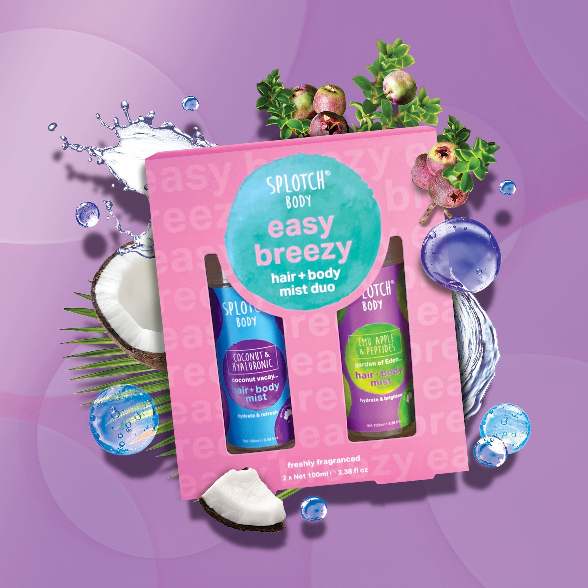 A pink windowed box containing two 100ml hair and body mists: a blue "Coconut Vacay" (Coconut & Hyaluronic) and a purple "Garden of Eden" (Emu Apple & Peptides).