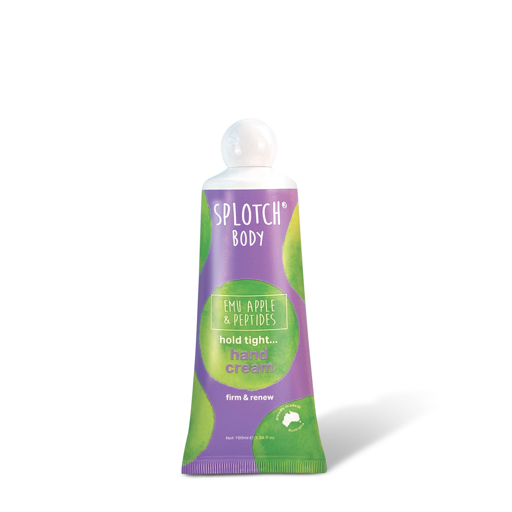 A vibrant, stylised product shot featuring a purple and green tube of SPLOTCH BODY Emu Apple & Peptides hand cream, surrounded by Australian Emu Apple berries, green leaves, yellow wattle flowers, a swirl of white cream, and floating purple bubbles. The text on the tube reads: "SPLOTCH BODY," "EMU APPLE & PEPTIDES," "hold tight... hand cream," and "firm & renew," with a net content of $100 \text{ml} \ 3.38 \text{fl oz}$.