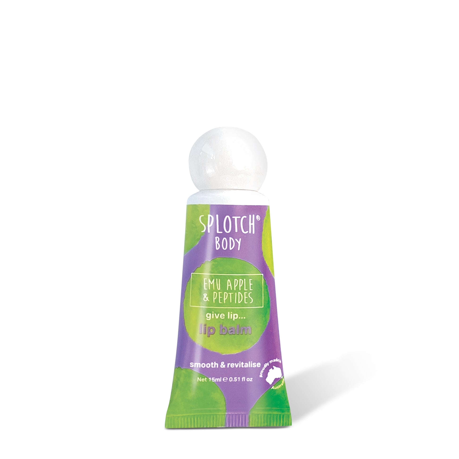 The complete Sploth Body collection, including the Coconut & Hyaluronic line (shower foam, hair mask, body and face pamper packs, scrub/serum duo) and the Emu Apple & Peptides line (face serum and lip balm), all featuring bright, watercolor-splotched packaging and made in Australia.