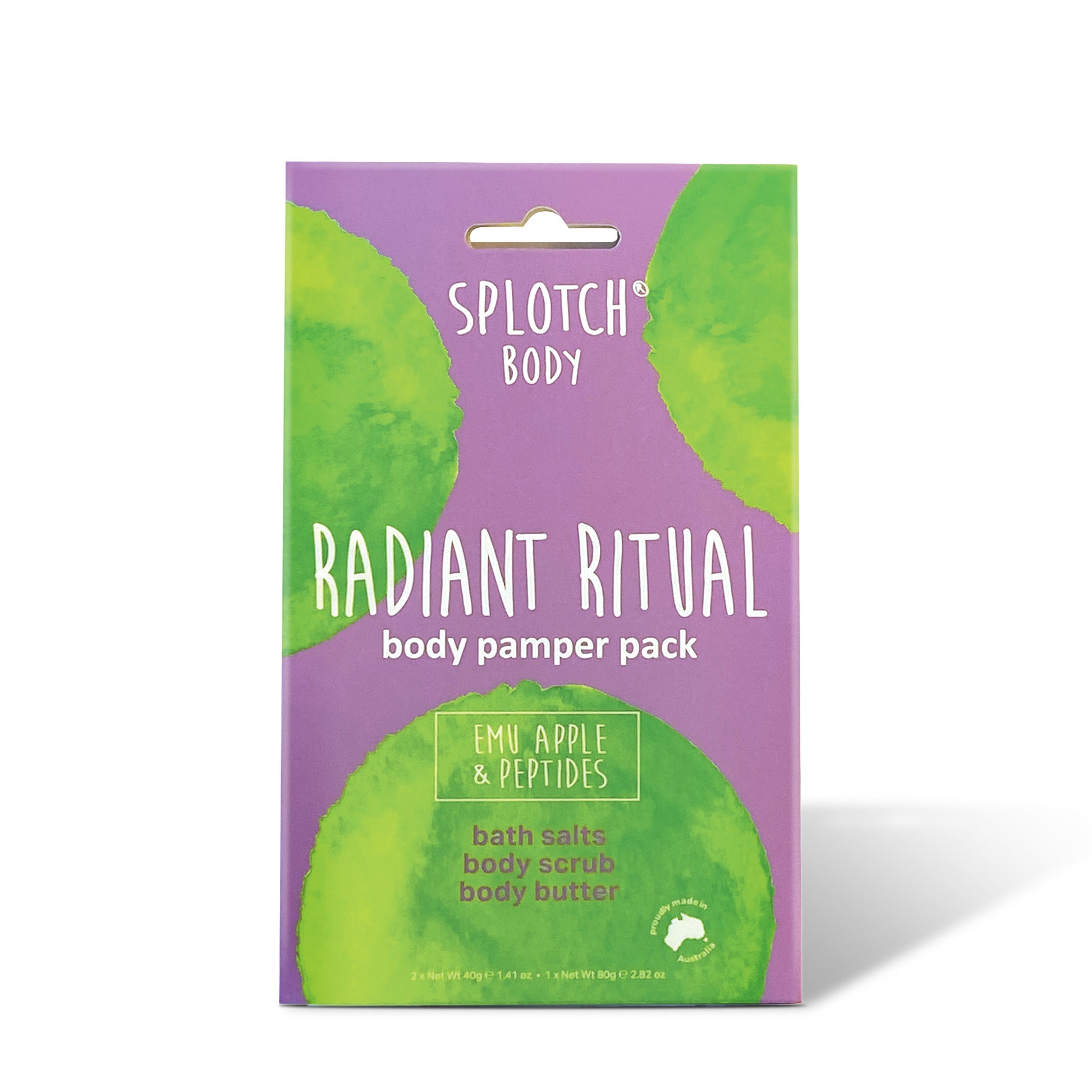 
A purple box for the SPLOTCH BODY "RADIANT RITUAL" body pamper pack, which includes bath salts, body scrub, and body butter, all with Emu Apple & Peptides. The box features large green splotches and text reading "SPLOTCH BODY," "RADIANT RITUAL," and "EMU APPLE & PEPTIDES." The net weights are listed at the bottom as 2×Net Wt 40g 1.41oz and 1×Net Wt 80g 2.82oz.