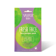 A purple box for the SPLOTCH BODY "FRESH FACE" face pamper pack, which includes face scrub, clay face mask, and hair mask, all with Emu Apple & Peptides. The box features large green splotches and text reading "SPLOTCH BODY," "FRESH FACE," and "EMU APPLE & PEPTIDES." The net weights are listed at the bottom as 2×Net Wt 20g 0.71oz and 1×Net Wt 40g 1.41oz.