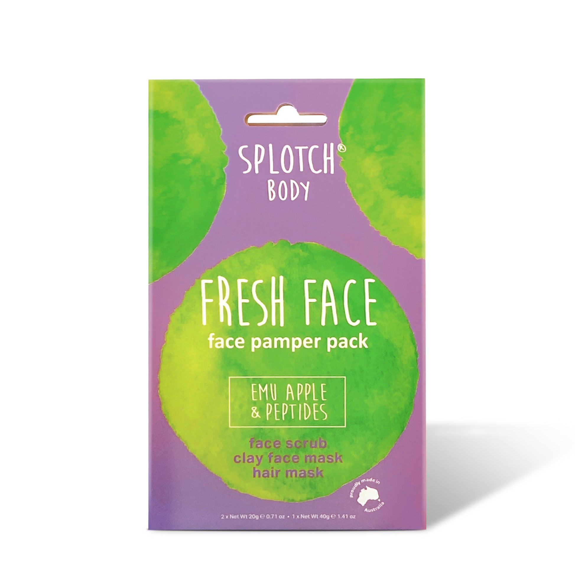 A purple box for the SPLOTCH BODY "FRESH FACE" face pamper pack, which includes face scrub, clay face mask, and hair mask, all with Emu Apple & Peptides. The box features large green splotches and text reading "SPLOTCH BODY," "FRESH FACE," and "EMU APPLE & PEPTIDES." The net weights are listed at the bottom as 2×Net Wt 20g 0.71oz and 1×Net Wt 40g 1.41oz.