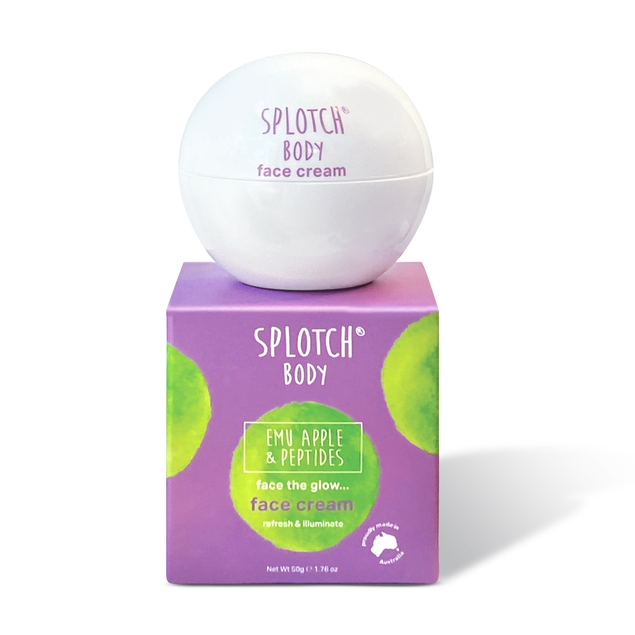 The complete Sploth Body collection, featuring the Coconut & Hyaluronic line and the Emu Apple & Peptides line (face cream, face serum, lip balm), all featuring bright, watercolor-splotched packaging and made in Australia.