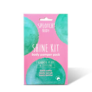
A pink and teal pouch for the SPLOTCH BODY SHINE KIT body pamper pack featuring Kakadu Plum & Caffeine. The kit includes bath salts, body scrub, and body butter. The packaging is marked "proudly made in Australia" and lists the net weights as 2×Net Wt 40g e 1.41 oz+1×Net Wt 80g e 2.82 oz.