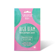 
A pink and teal box for the SPLOTCH BODY HIGH BEAM face pamper pack featuring Kakadu Plum & Caffeine. The kit includes a face scrub, clay face mask, and hair mask. The packaging is marked "proudly made in Australia" and lists the net weights as 2×Net Wt 20g e 0.71 oz+1×Net Wt 40g e 1.41 oz.