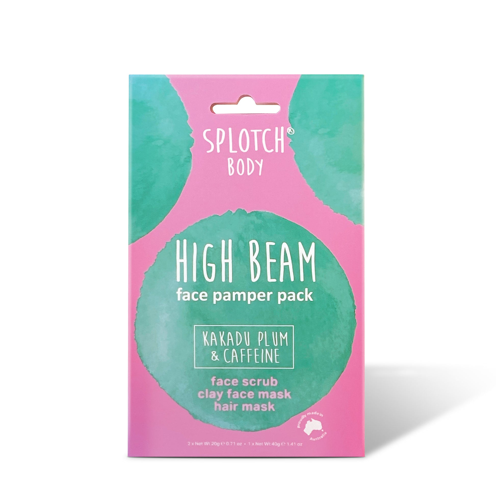 
A pink and teal box for the SPLOTCH BODY HIGH BEAM face pamper pack featuring Kakadu Plum & Caffeine. The kit includes a face scrub, clay face mask, and hair mask. The packaging is marked "proudly made in Australia" and lists the net weights as 2×Net Wt 20g e 0.71 oz+1×Net Wt 40g e 1.41 oz.