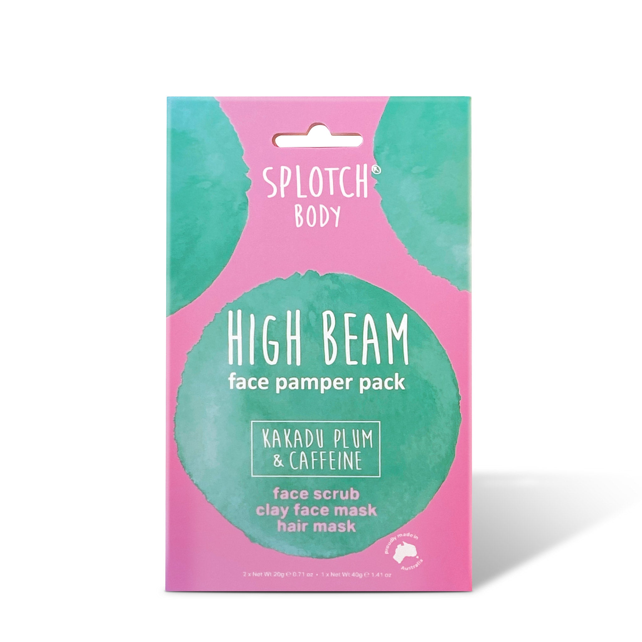 
A pink and teal box for the SPLOTCH BODY HIGH BEAM face pamper pack featuring Kakadu Plum & Caffeine. The kit includes a face scrub, clay face mask, and hair mask. The packaging is marked "proudly made in Australia" and lists the net weights as 2×Net Wt 20g e 0.71 oz+1×Net Wt 40g e 1.41 oz.