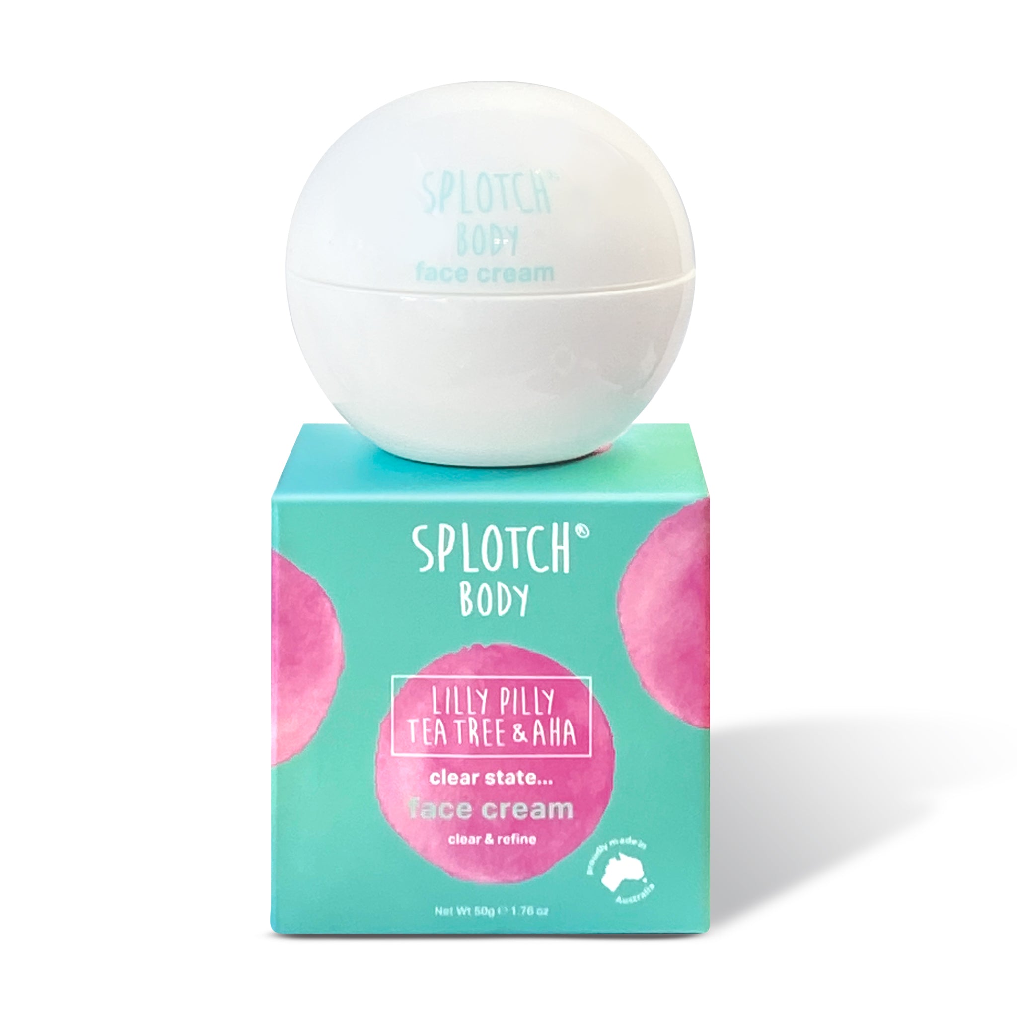 An advertisement for the face cream featuring the jar and box surrounded by similar elements: bubbles, lime, tea tree, and berries, plus a white towel in a wooden bowl and a swirl of cream.